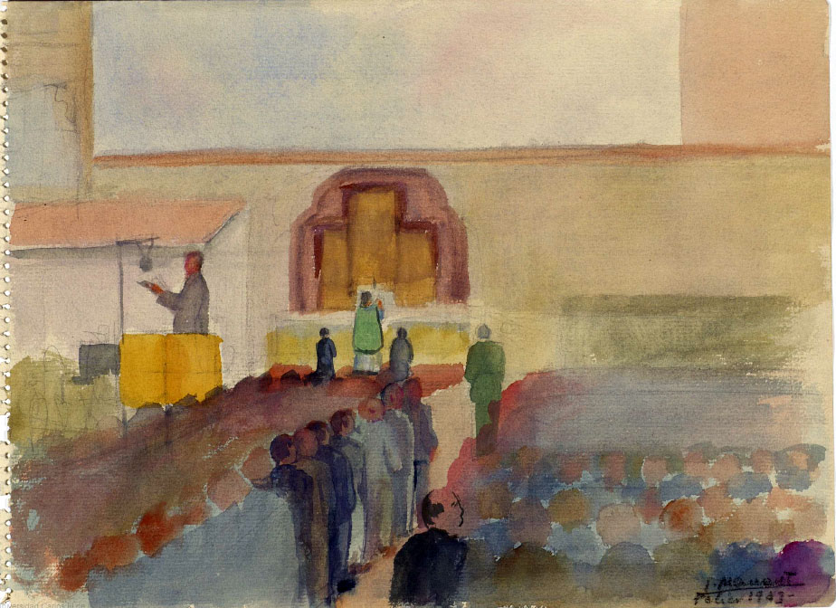 Acuarela de José Manaut titulada Misa, con hombre en púlpito, Porlier, 1943.
