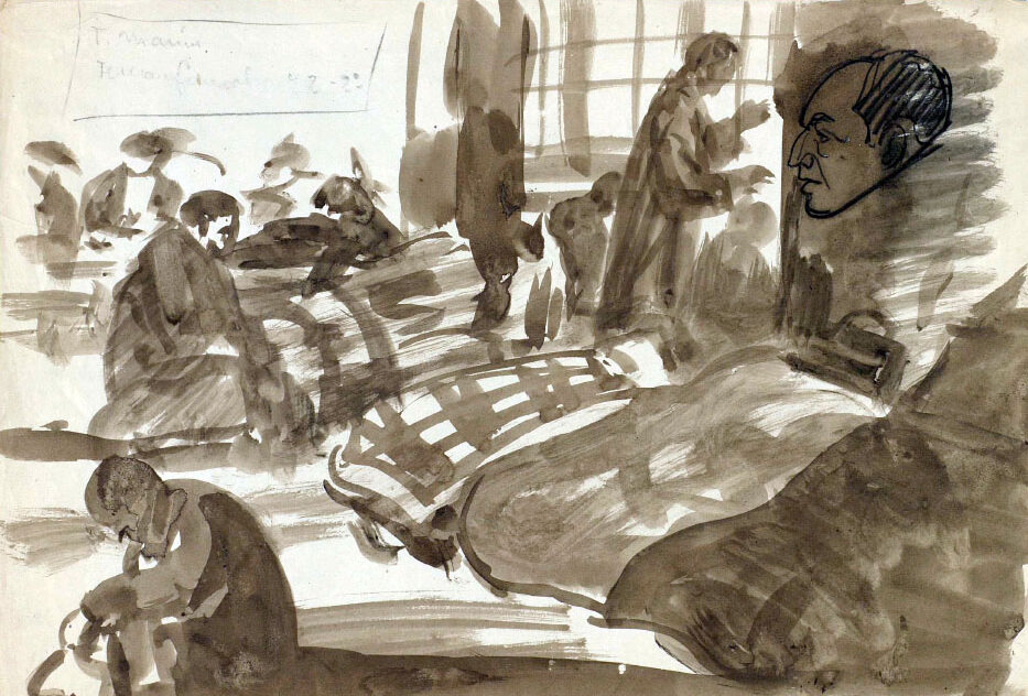 Dibujo de José Manaut titulado Escena en grupo; cabeza perfil, 1944. Aguada sepia.