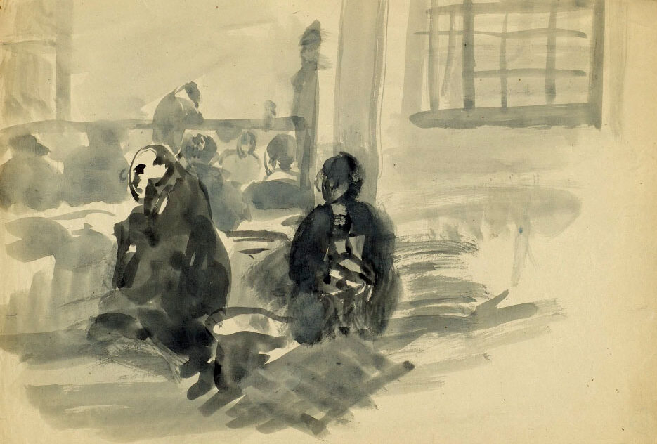 Dibujo de José Manaut titulado Varios en galería, con ventanal a la derecha, 1943. Aguada gris verdosa.