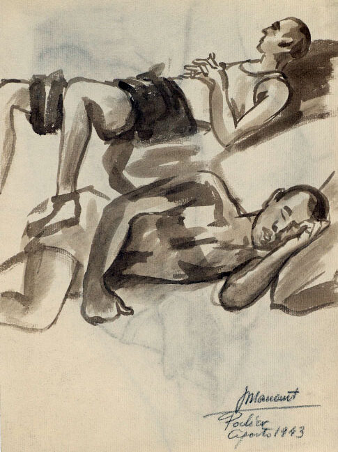 Dibujo de José Manaut titulado Tumbados, uno boca arriba, otro de lado, torso desnudo, 1943. Aguada sepia.