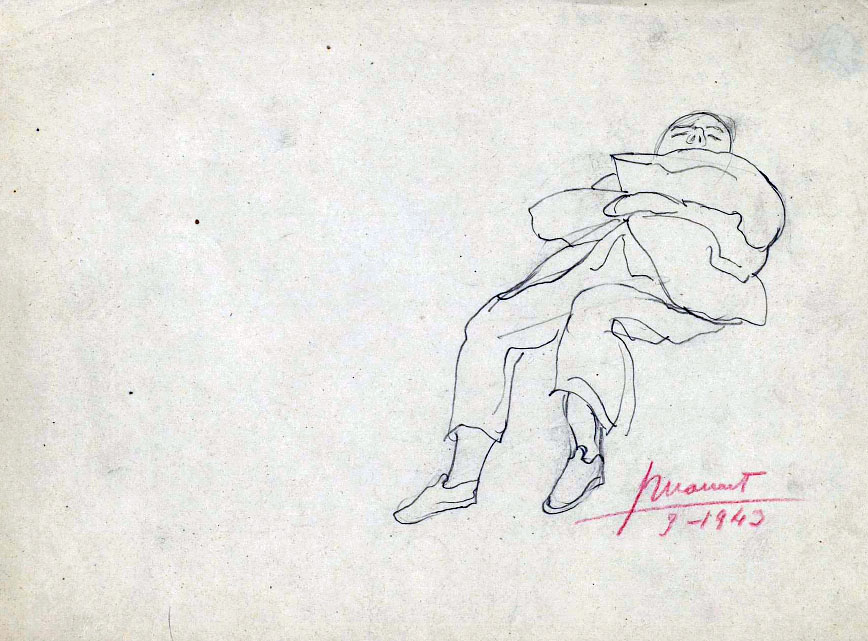 Dibujo de José Manaut titulado Uno tumbado, abrazado a la almohada, 1943. Grafito.