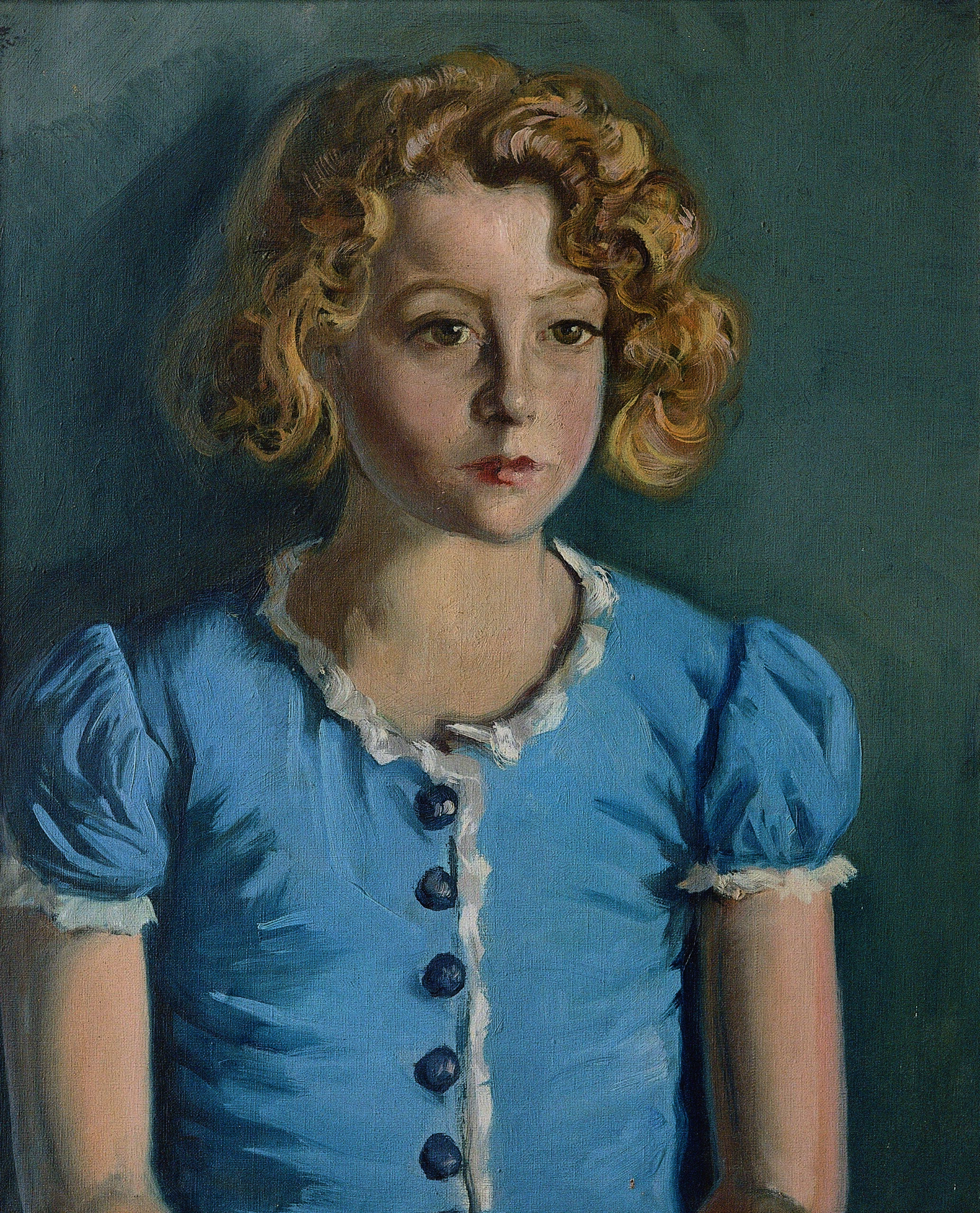 Pintura de José Manaut titulada Stella con vestido azul, 1948. Óleo sobre lienzo.