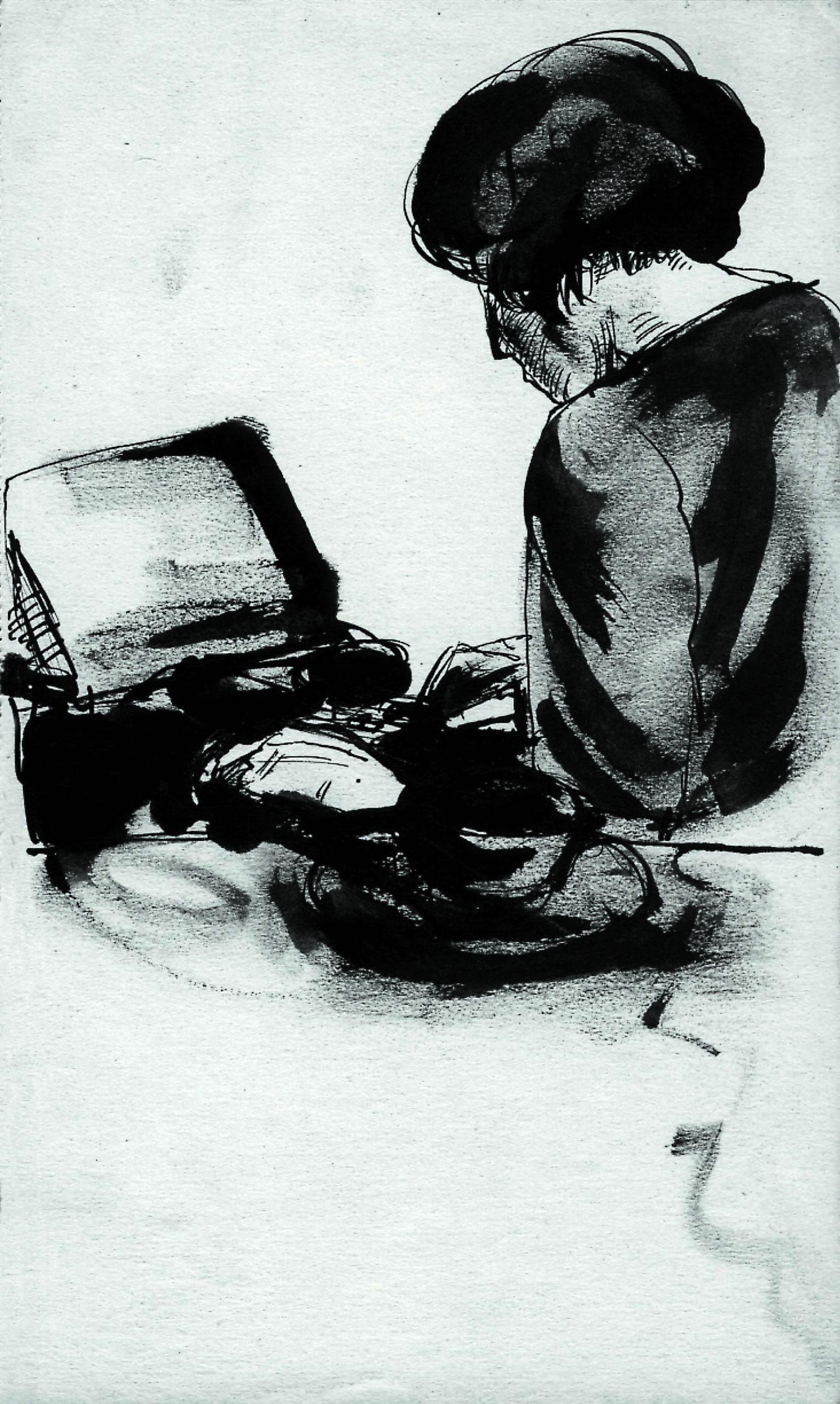 Dibujo de José Manaut titulado Lucrecia de Luna con máquina de escribir, París, 1925. Carboncillo sobre papel.