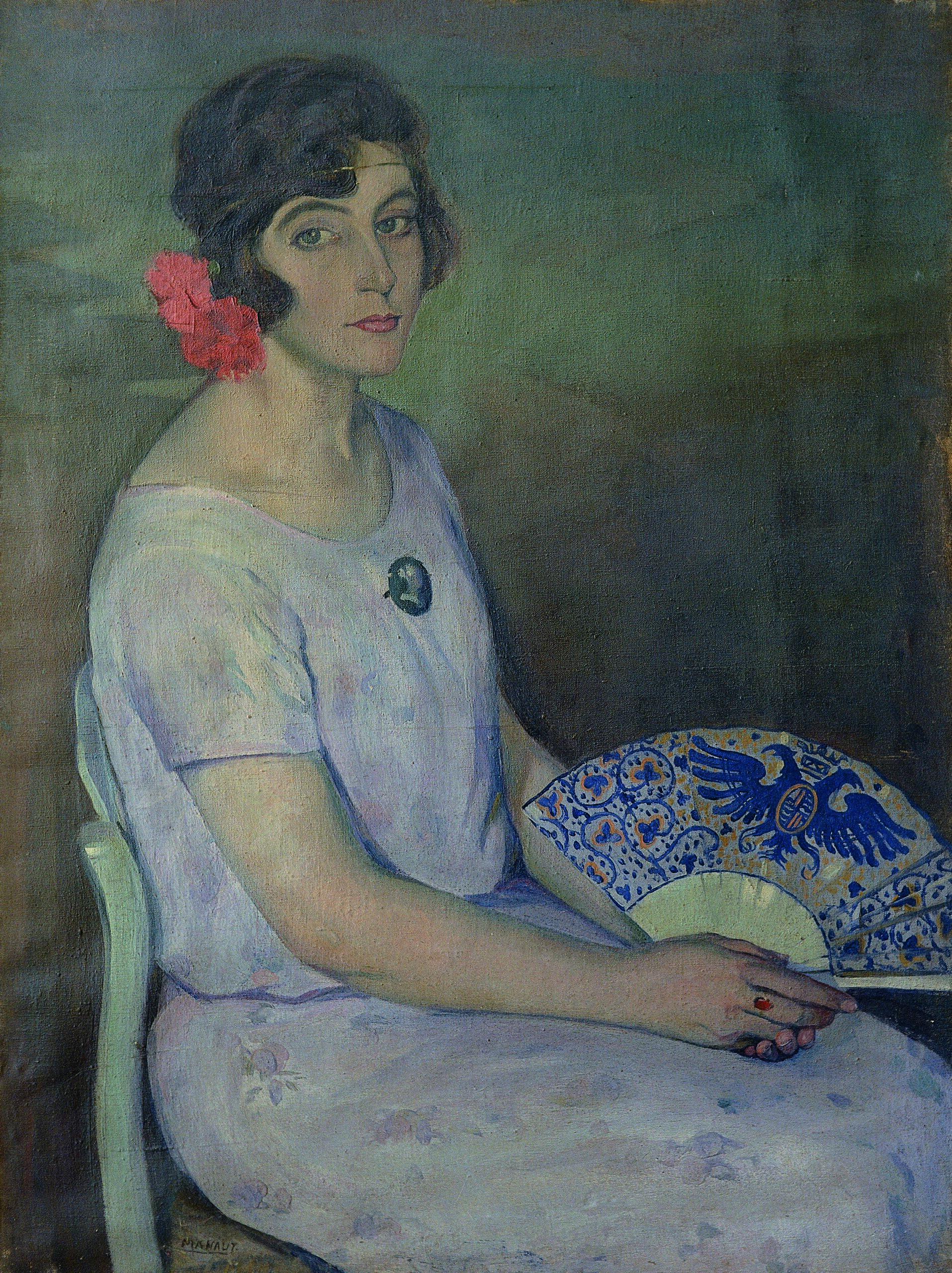 Pintura de José Manaut titulada Retrato de Ángeles Roca con abanico, París, 1924. Óleo sobre lienzo.