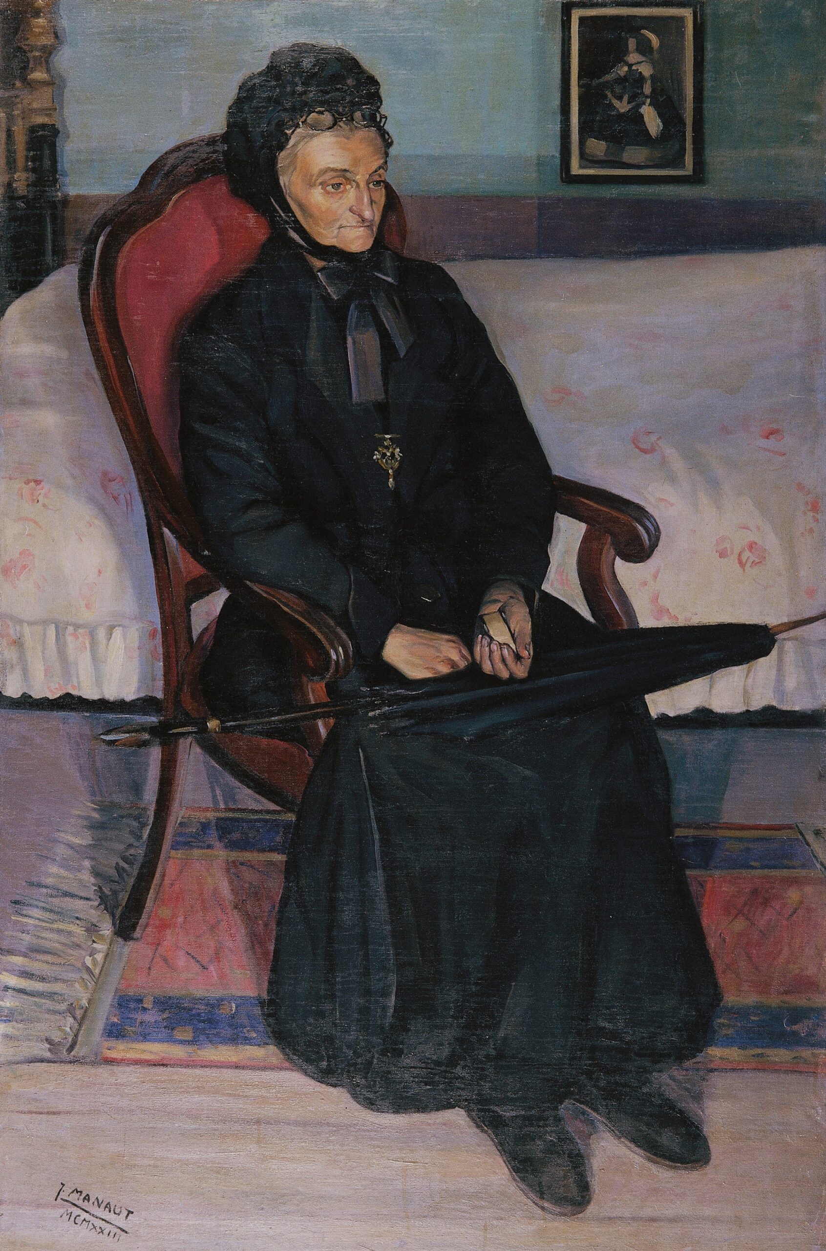 Pintura de José Manaut titulada Retrato de Mme. Fauré, París, 1923. Óleo sobre cartón.