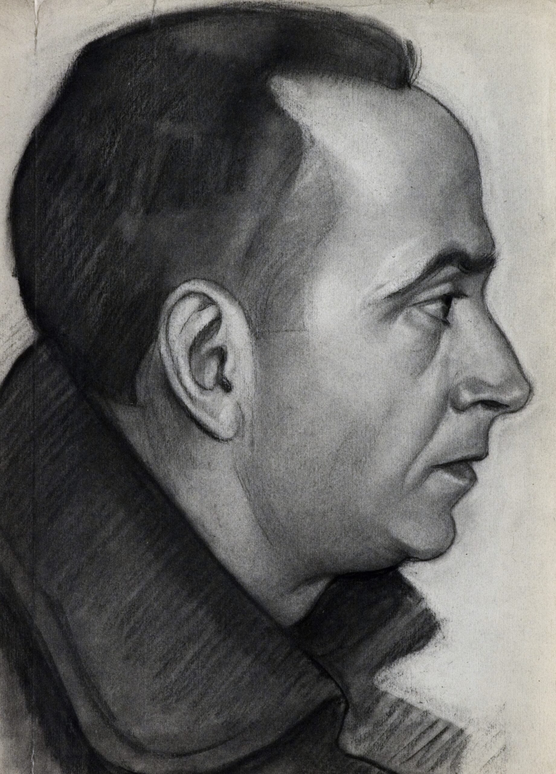 Dibujo de José Manaut titulado Pintos Fonseca (escrito en reverso), retrato perfil, 1943. Carboncillo sobre papel.