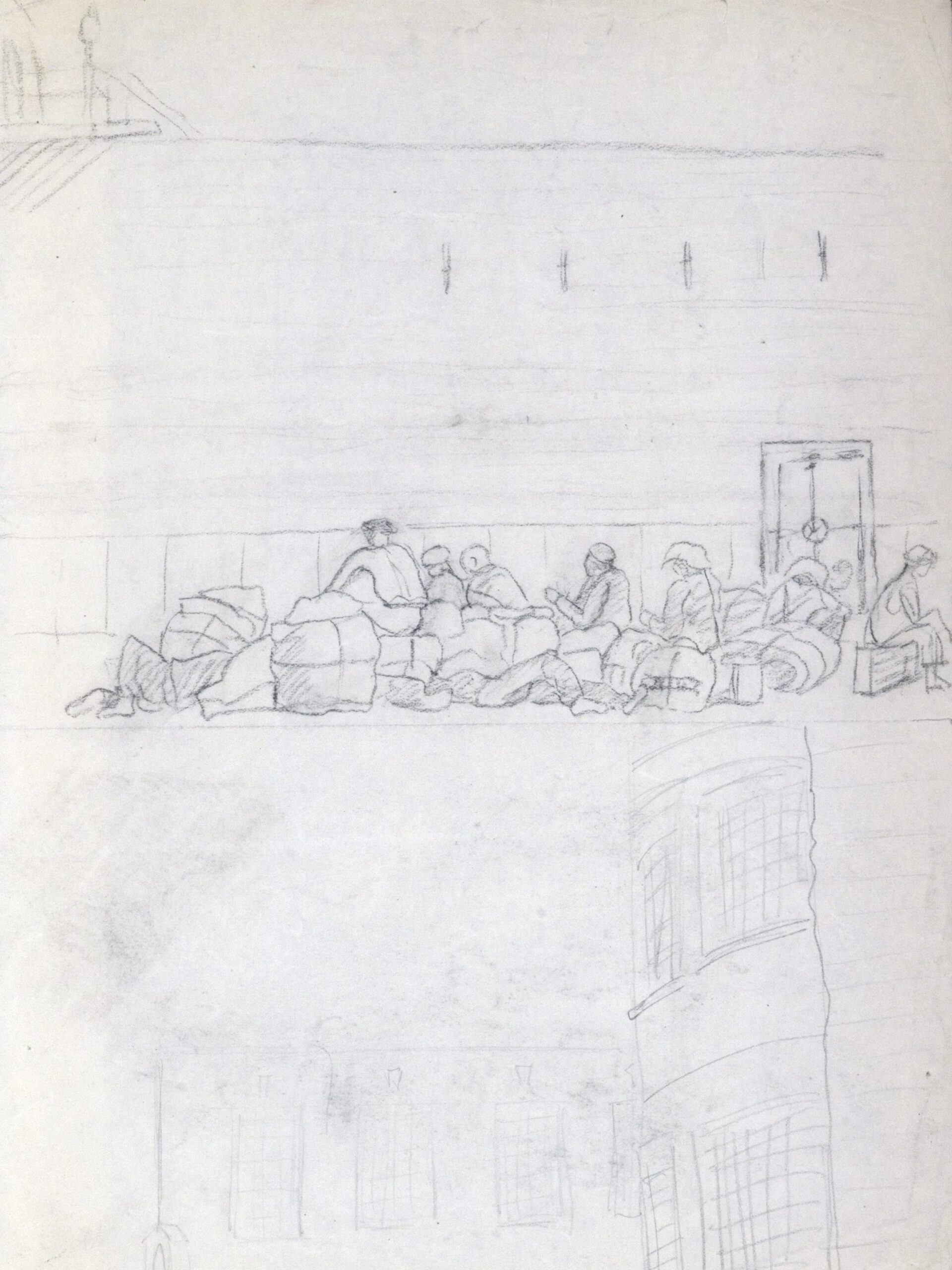 Dibujo de José Manaut titulado Varios sentados en petates y ventanas enrejadas, mitad y mitad, 1944. Grafito.