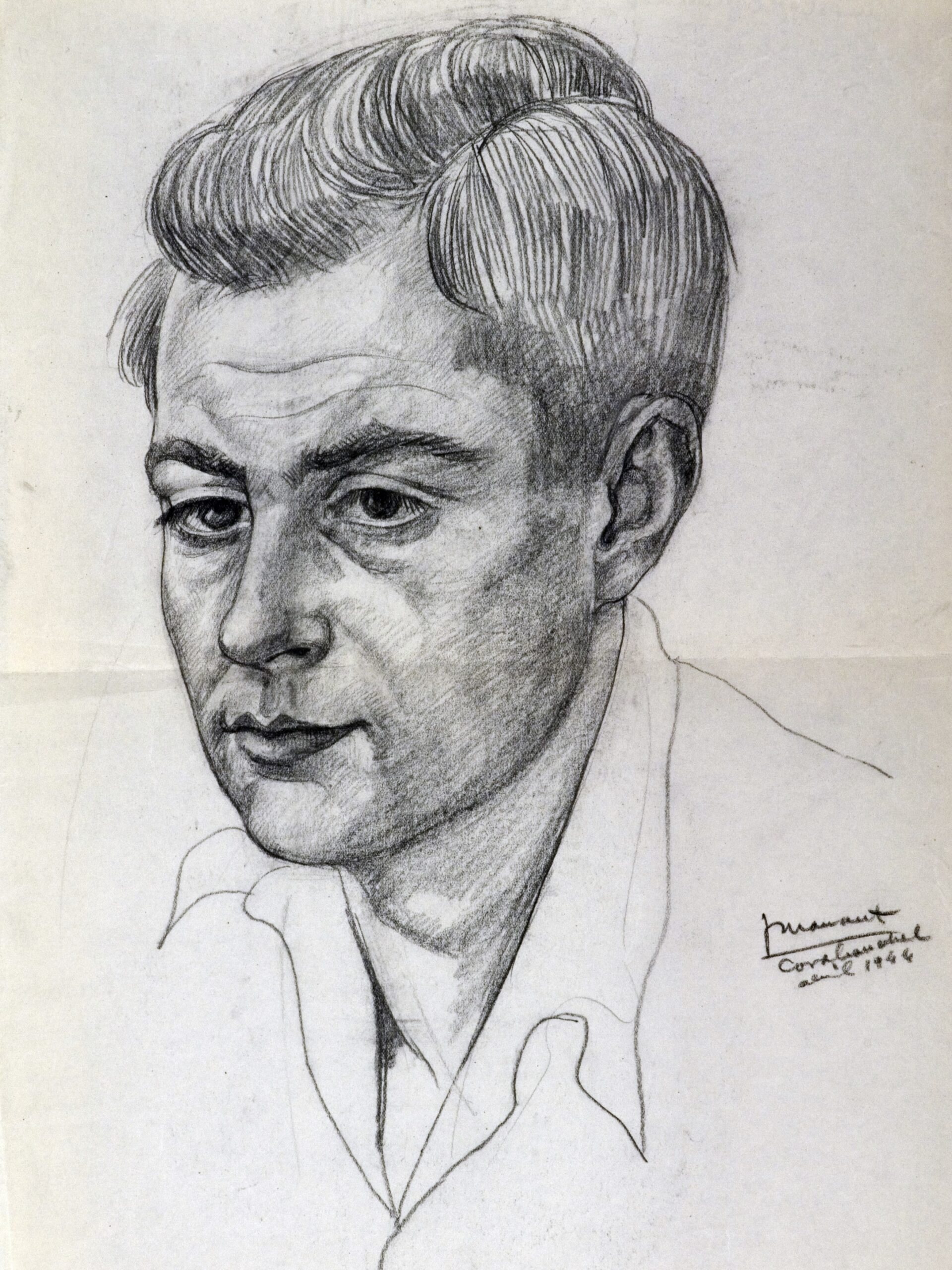 Dibujo de José Manaut titulado Ángel Hernández Sánchez (escrito en reverso), retrato de joven, Carabanchel, 1944. Carboncillo sobre papel.