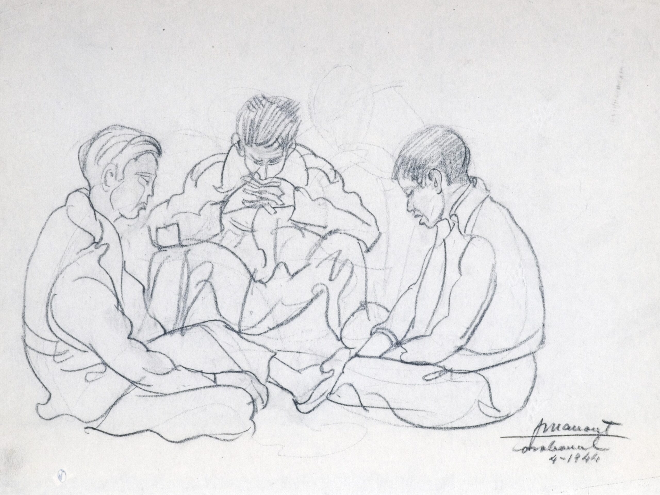 Dibujo de José Manaut titulado Tres muchachos sentados en el suelo, Carabanchel, 1944. Carboncillo sobre papel.