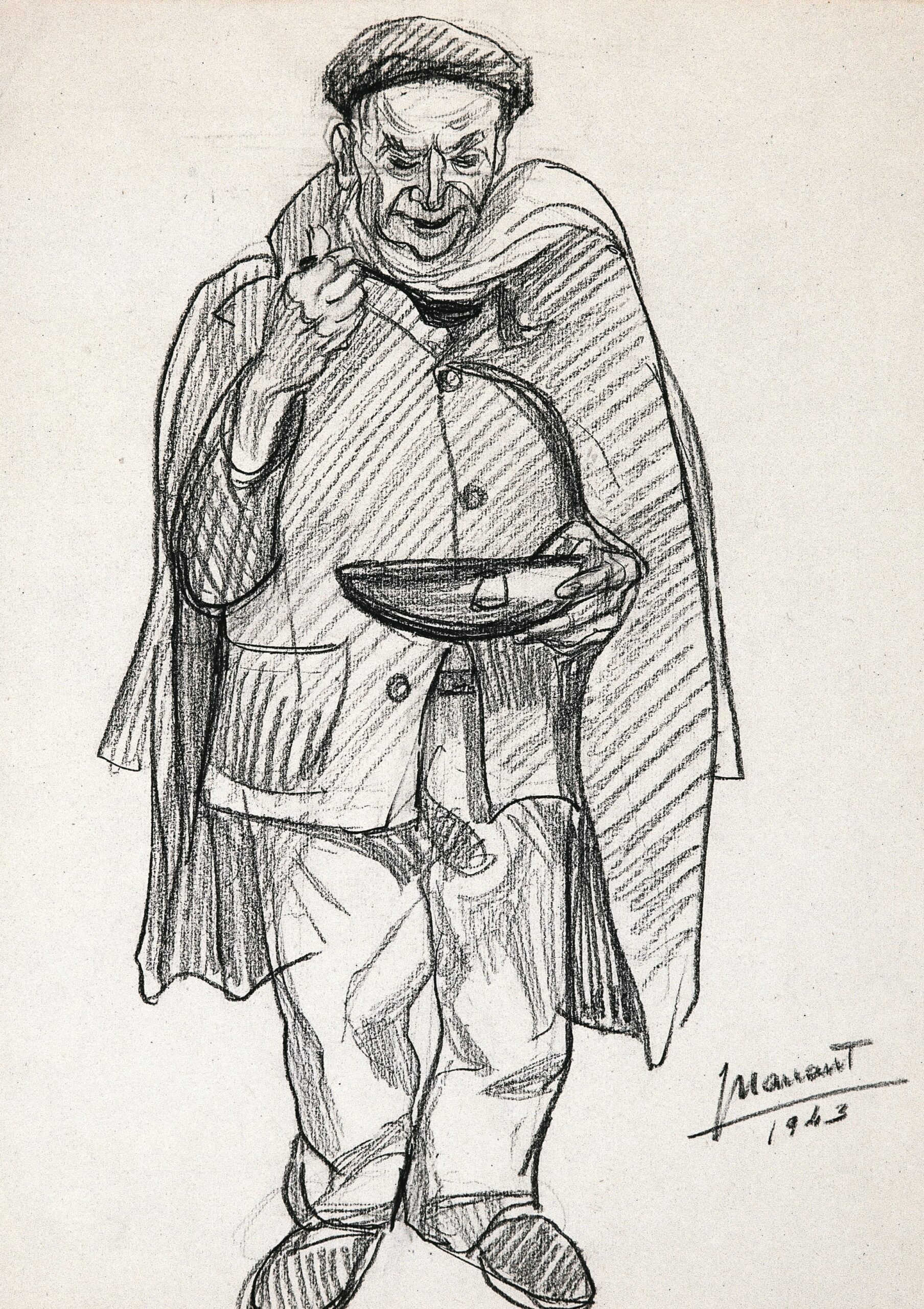Dibujo de José Manaut titulado Preso comiendo, de pie y con boina, 1943. Carboncillo sobre papel.