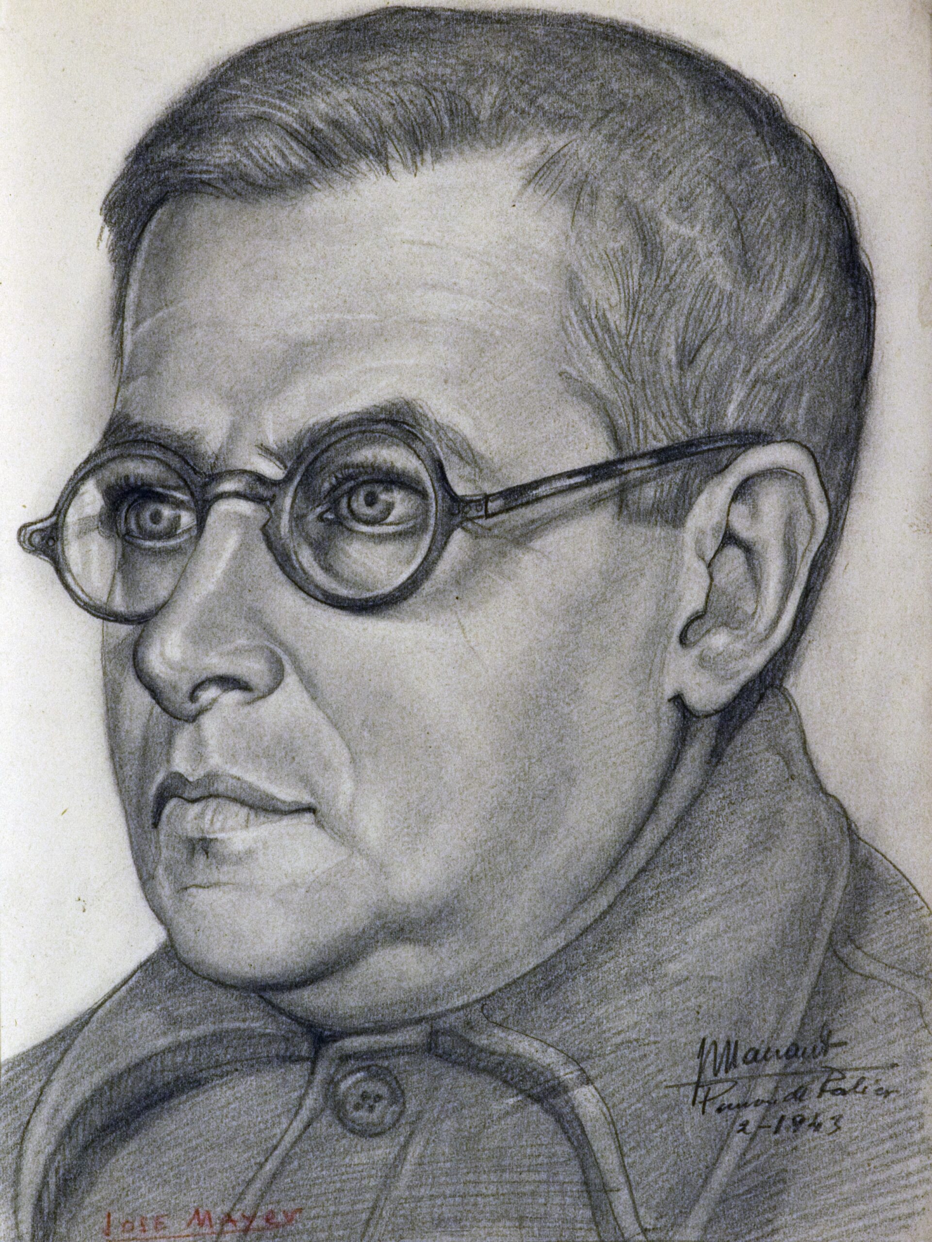 Dibujo de José Manaut titulado José Mayer, retrato, con gafas, Porlier, 1943. Carboncillo sobre papel.