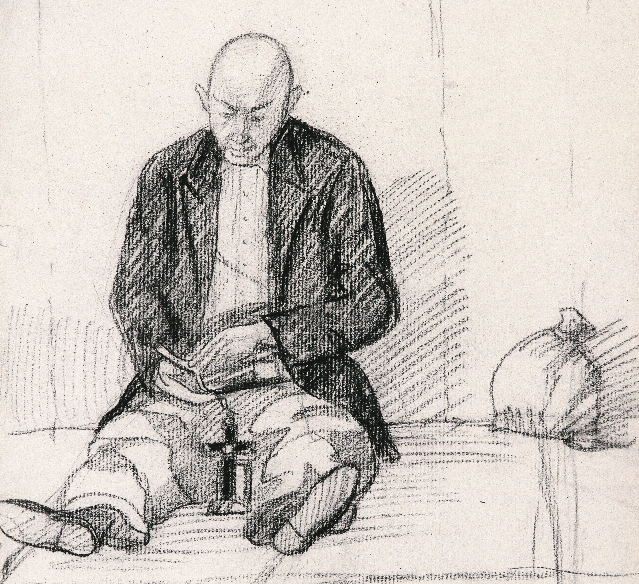 Dibujo de José Manaut titulado Uno con cruz, leyendo, Carabanchel, 1944. Carboncillo sobre papel.