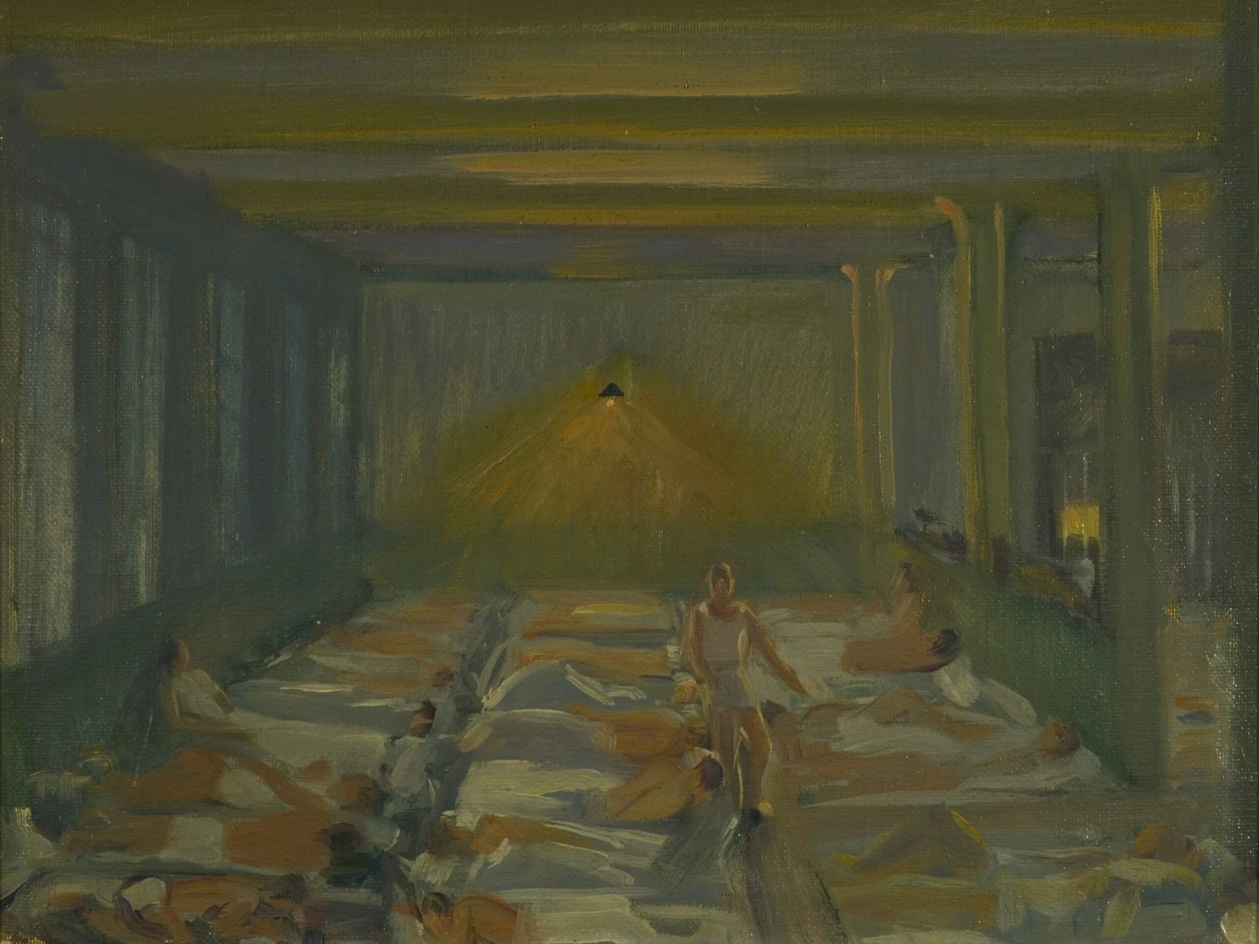 Pintura de José Manaut titulada La galería de noche, 1943. Óleo sobre tablex.