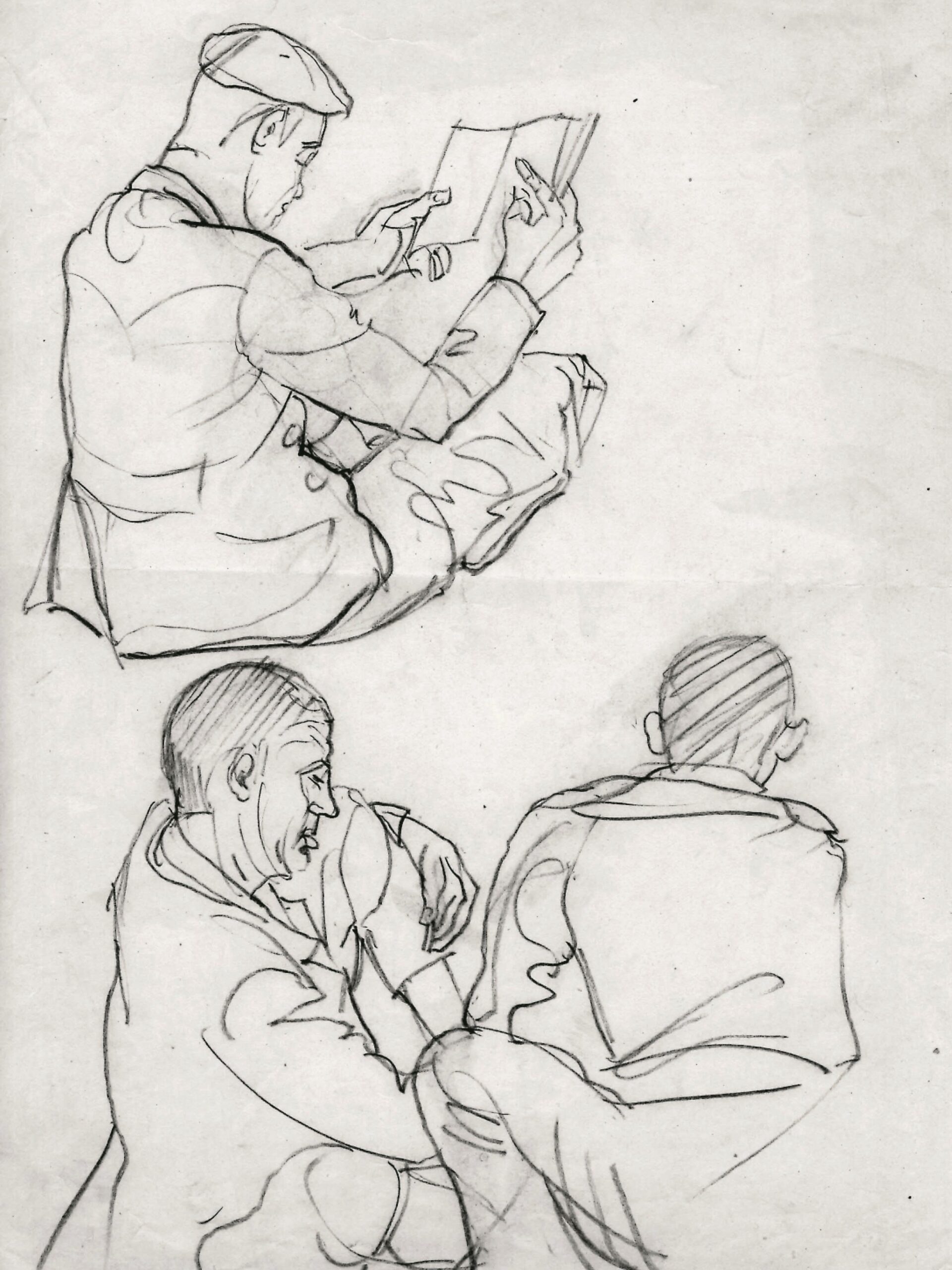 Dibujo de José Manaut titulado Presos, hombre con boina leyendo, dos hombres uno en cuclillas y de espaldas y otro sentado de perfil, 1944. Carboncillo sobre papel.