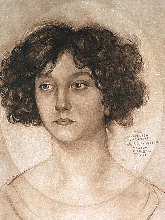 Dibujo de José Manaut titulado María Luisa Ferrandis, 1921. Sanguina.