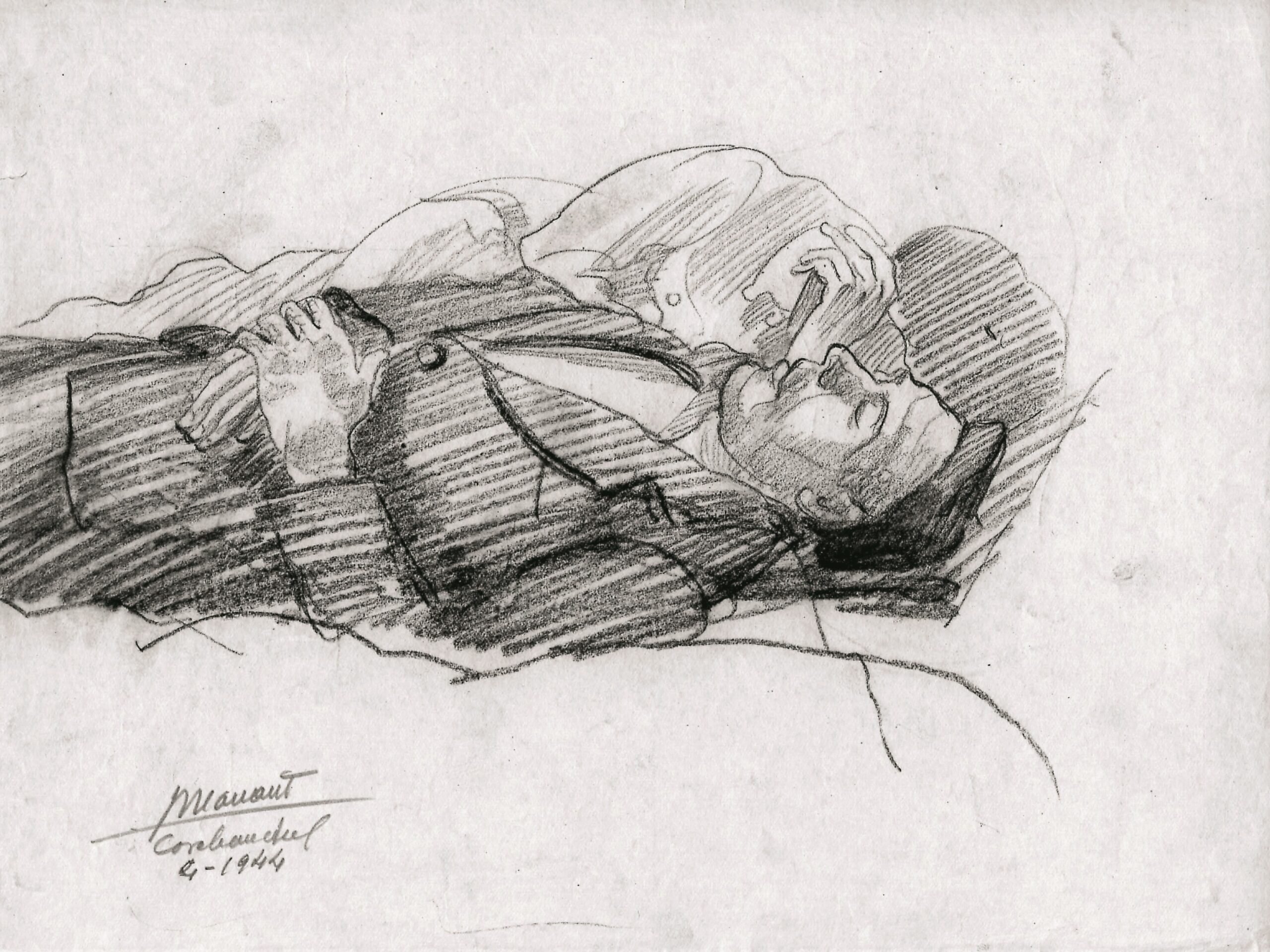 Dibujo de José Manaut titulado Uno tumbado boca arriba, Carabanchel, 1944. Carboncillo sobre papel.