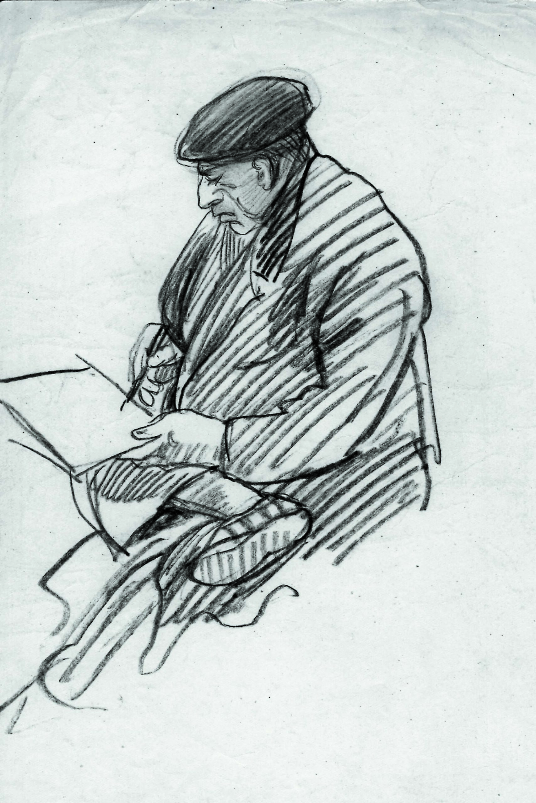 Dibujo de José Manaut titulado Uno sentado, escribiendo. Carboncillo sobre papel.