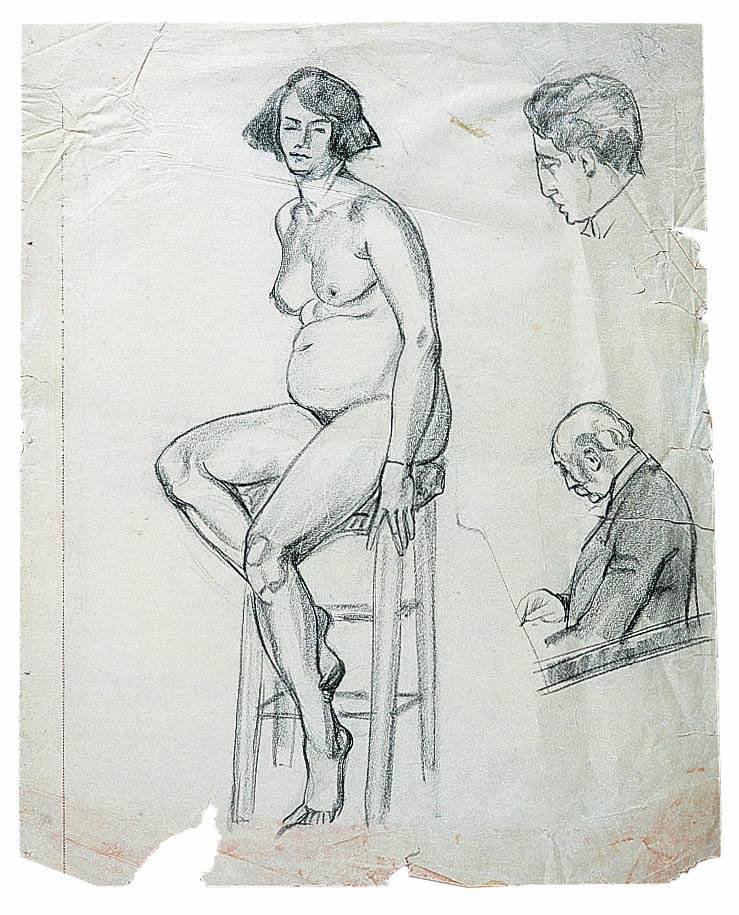 Dibujo de José Manaut titulado Desnudo de mujer sentada y dos cabezas de hombre, Acad. Collarossi, París, 1925. Carboncillo sobre papel.