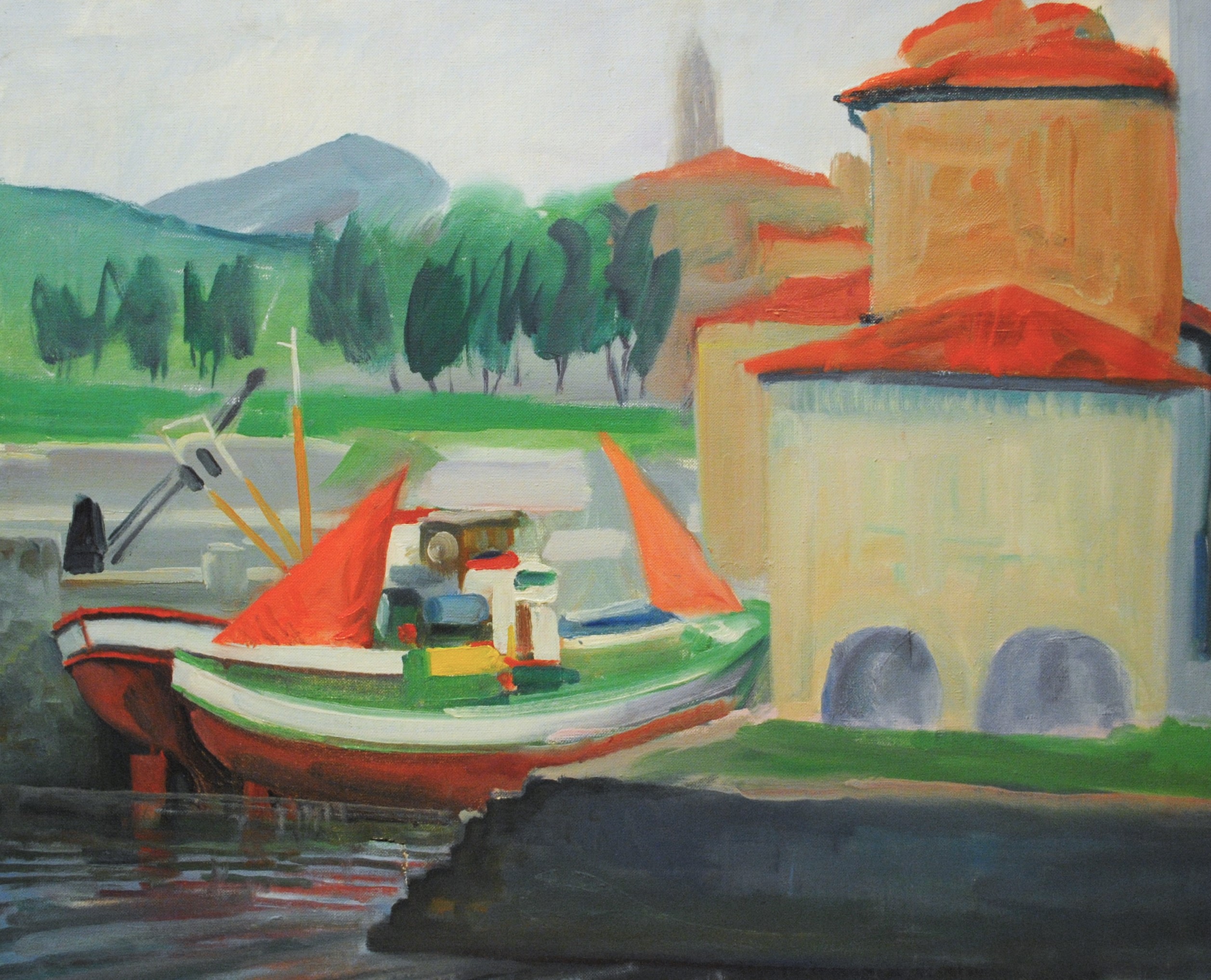 Pintura de José Manaut titulada Barcas vareadas. Óleo sobre lienzo.