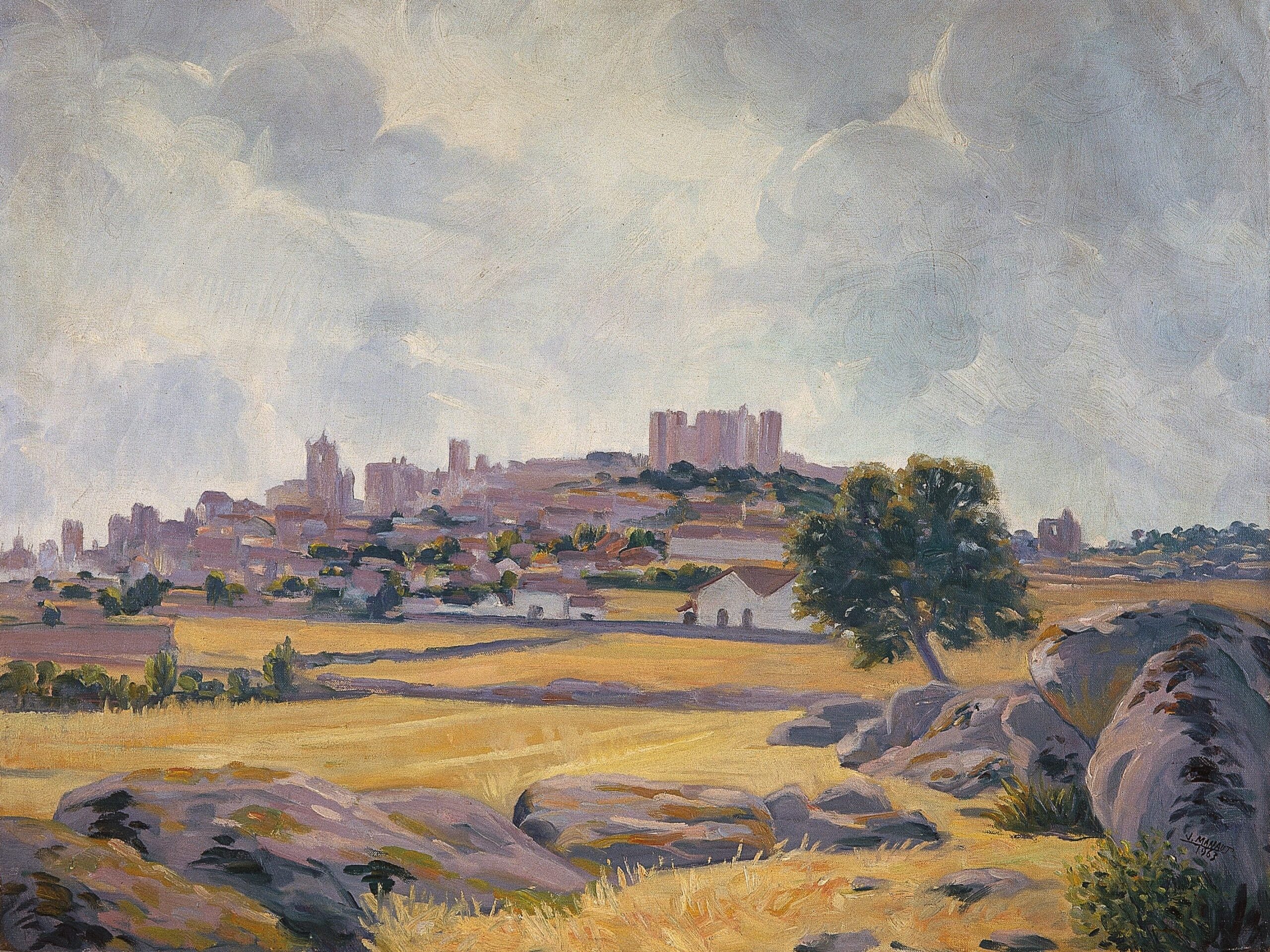 Pintura de José Manaut titulada Paisaje con castillo, Trujillo, 1963. Óleo sobre lienzo.