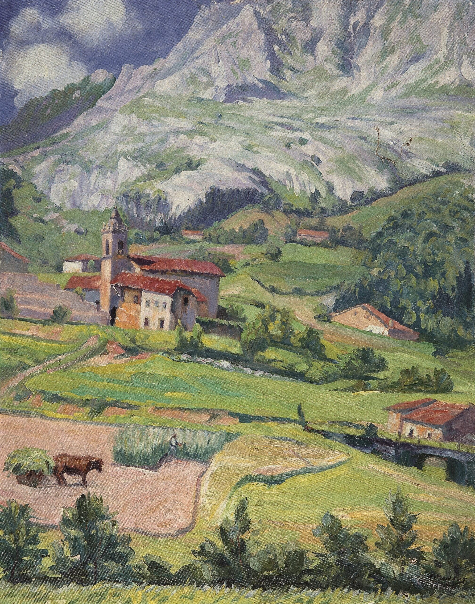 Pintura de José Manaut titulada Picos de Europa; paisaje con iglesia, Asturias, 1970. Óleo sobre lienzo.