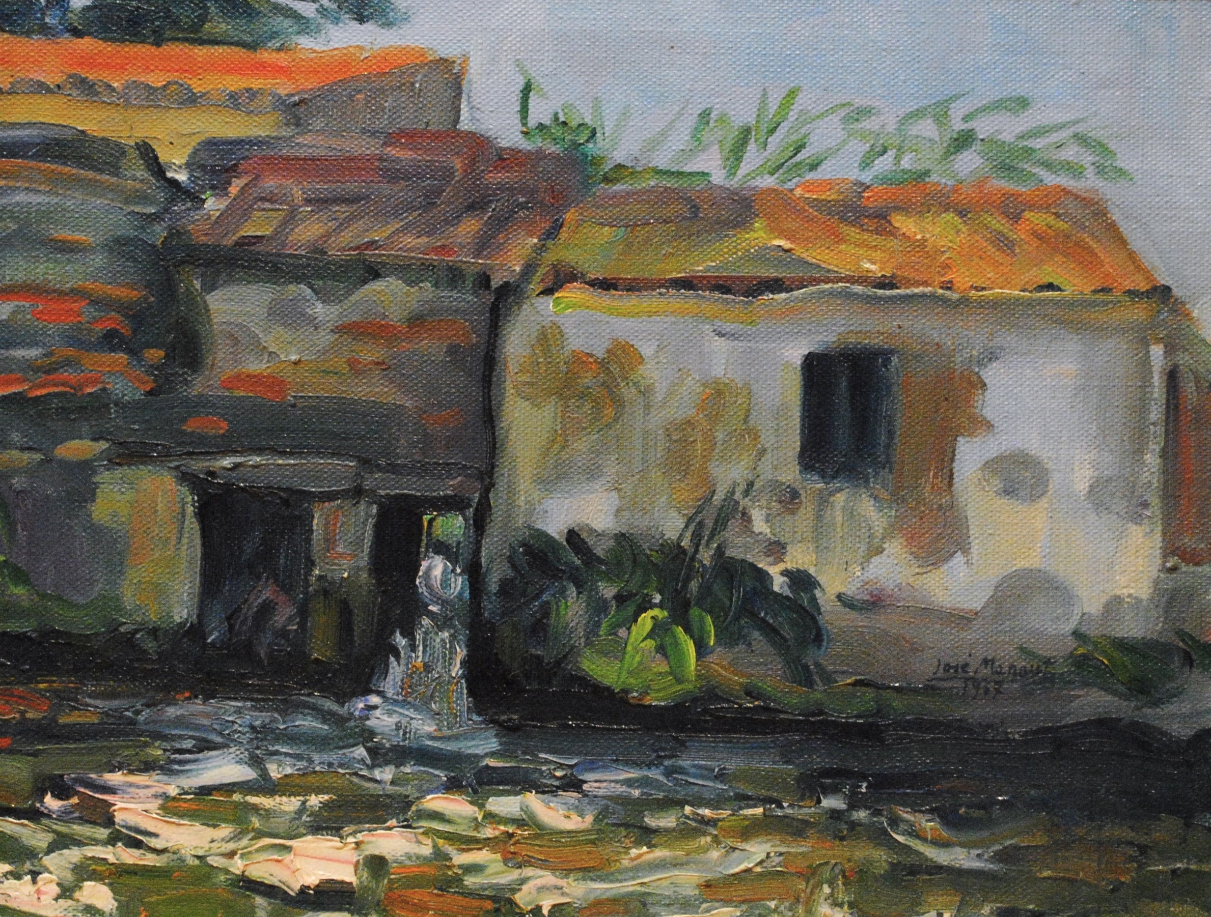 Pintura de José Manaut titulada Casas rústicas, 1967. Óleo sobre lienzo.