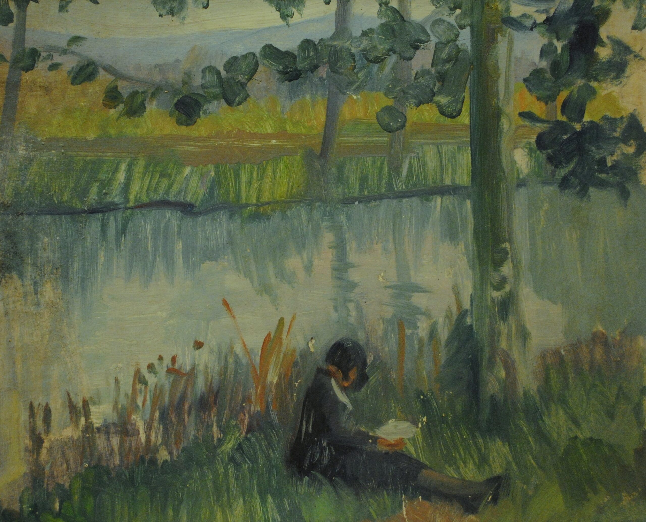 Pintura de José Manaut titulada Ángeles leyendo junto al río, Tortosa, 1935. Óleo sobre cartón.