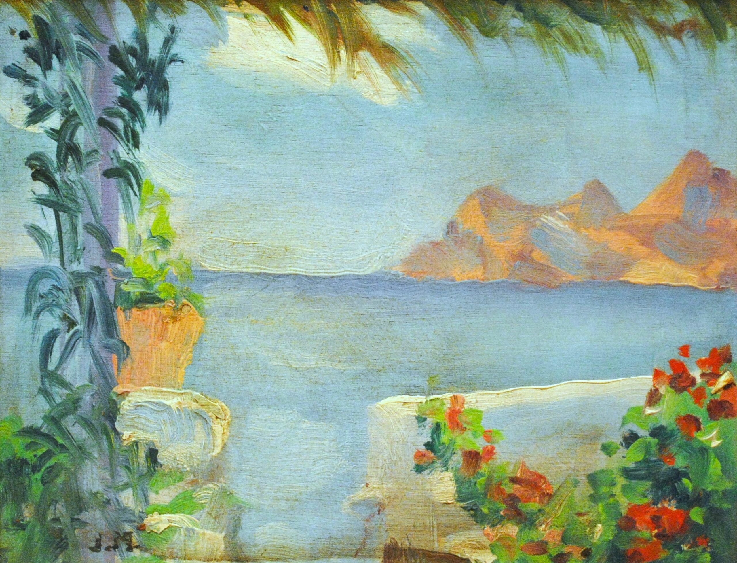 Pintura de José Manaut titulada Costa desde el porche, Altea, 1965. Óleo sobre tabla.