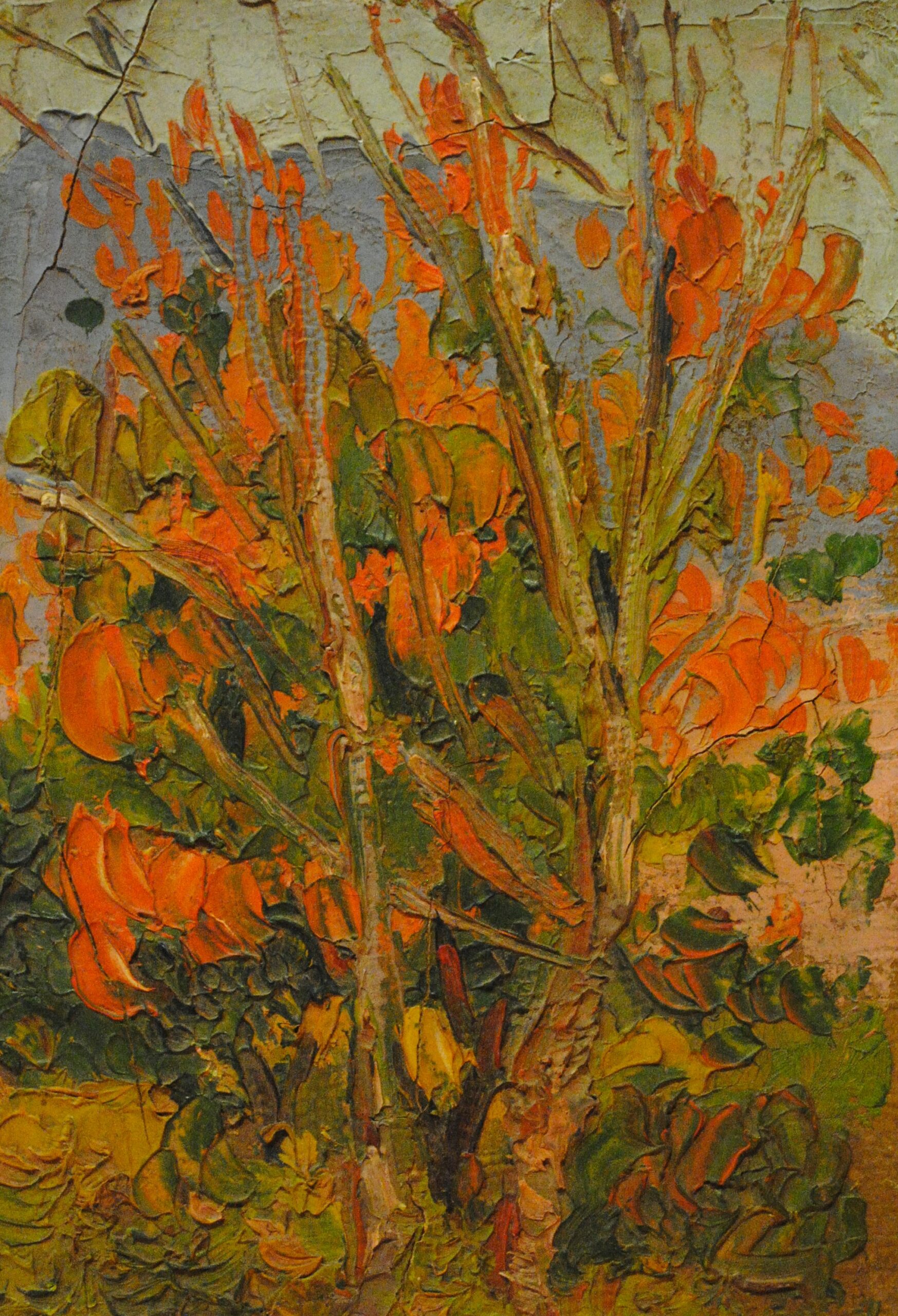 Pintura de José Manaut titulada Árbol con flores. Óleo sobre cartón.