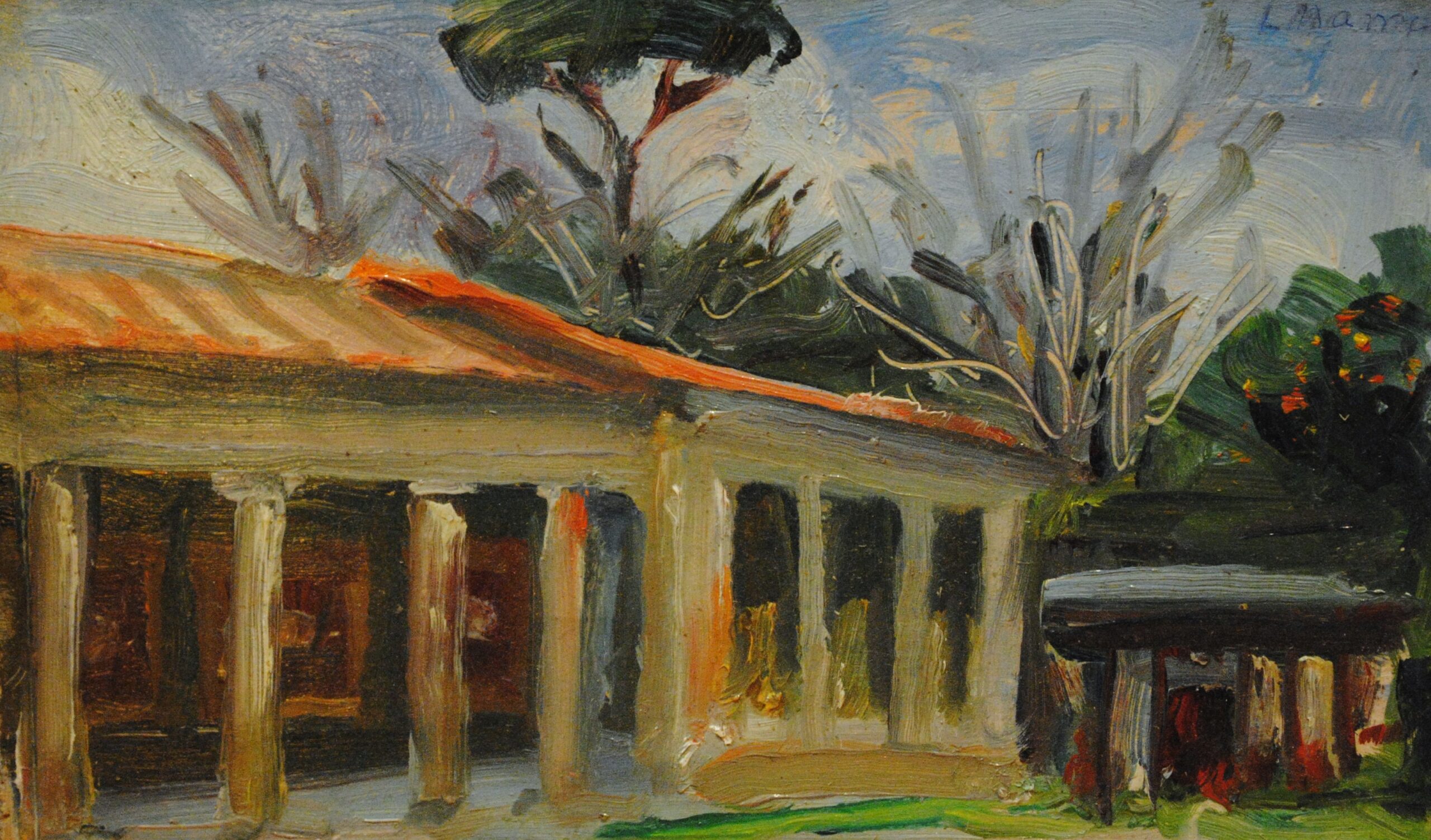 Pintura de José Manaut titulada Porche en granja, 1966. Óleo sobre tabla.