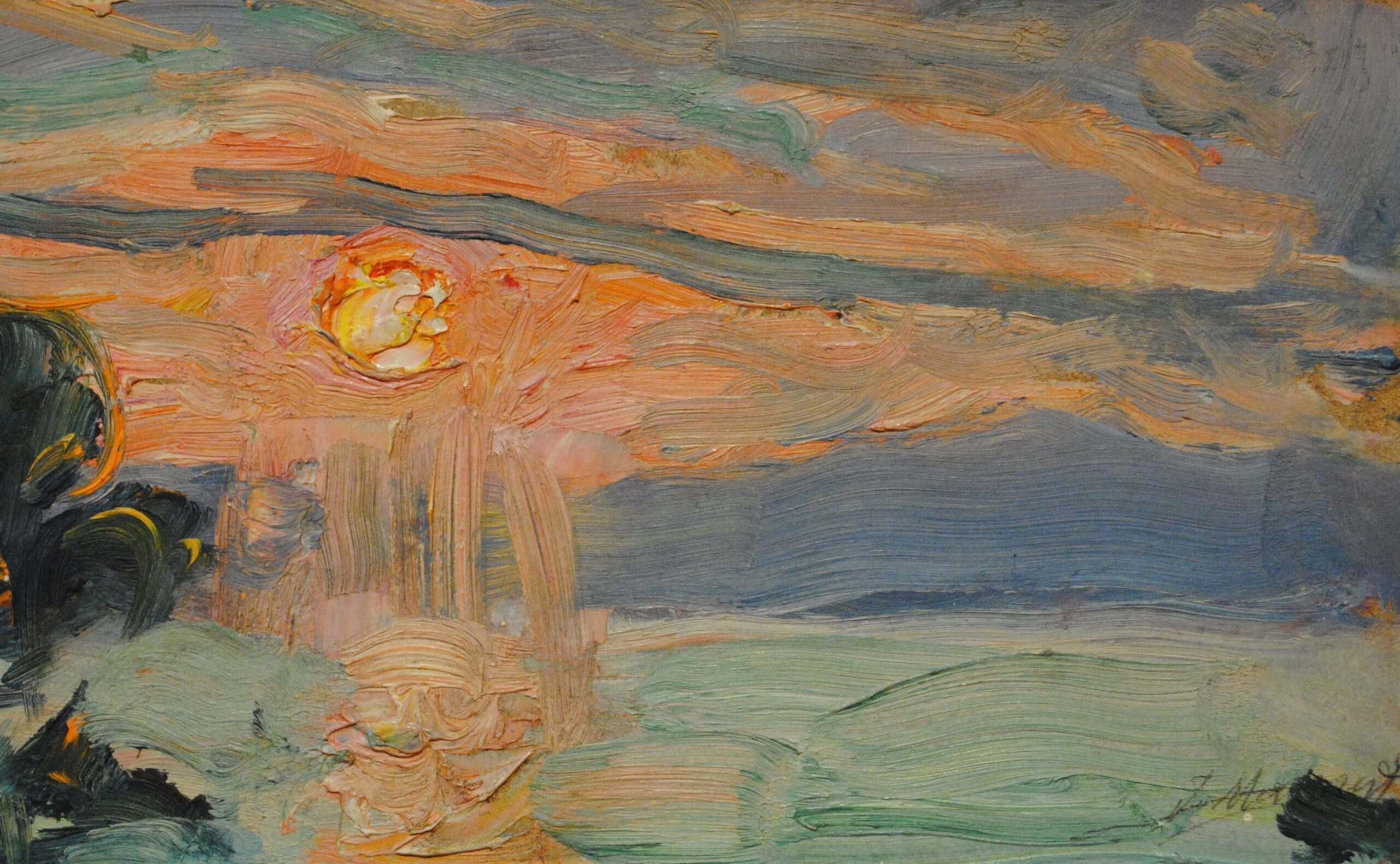 Pintura de José Manaut titulada Puesta de sol, 1960 aprox. Óleo sobre tabla.