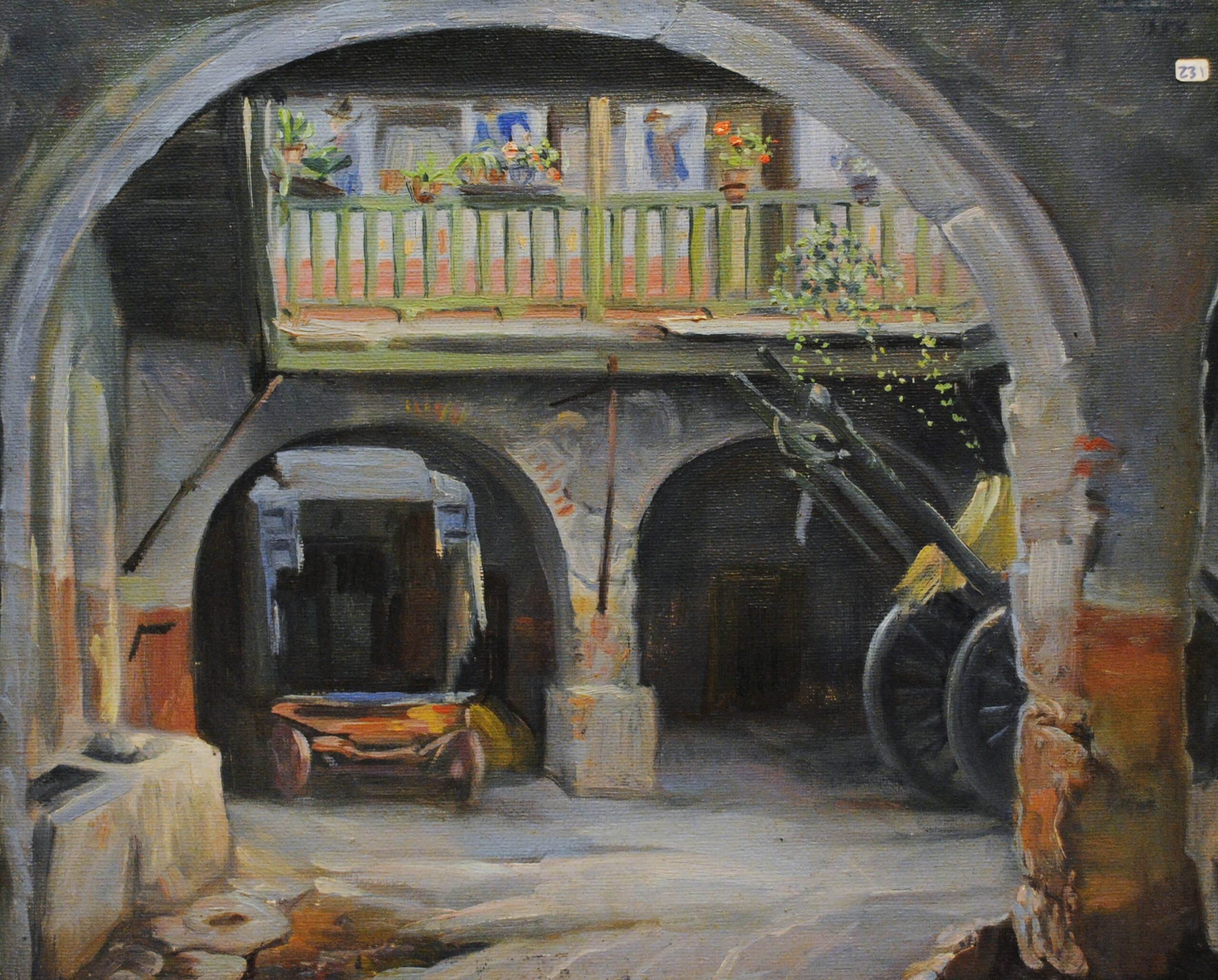Pintura de José Manaut titulada Patio de posada, 1954. Óleo sobre lienzo.