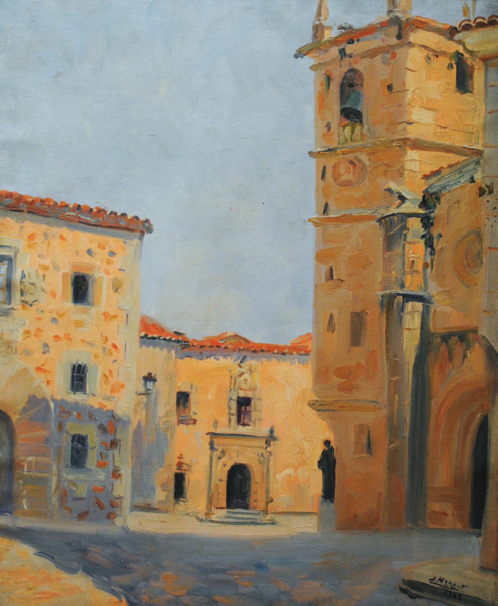Pintura de José Manaut titulada Plaza con iglesia, Cáceres, 1963. Óleo sobre lienzo.