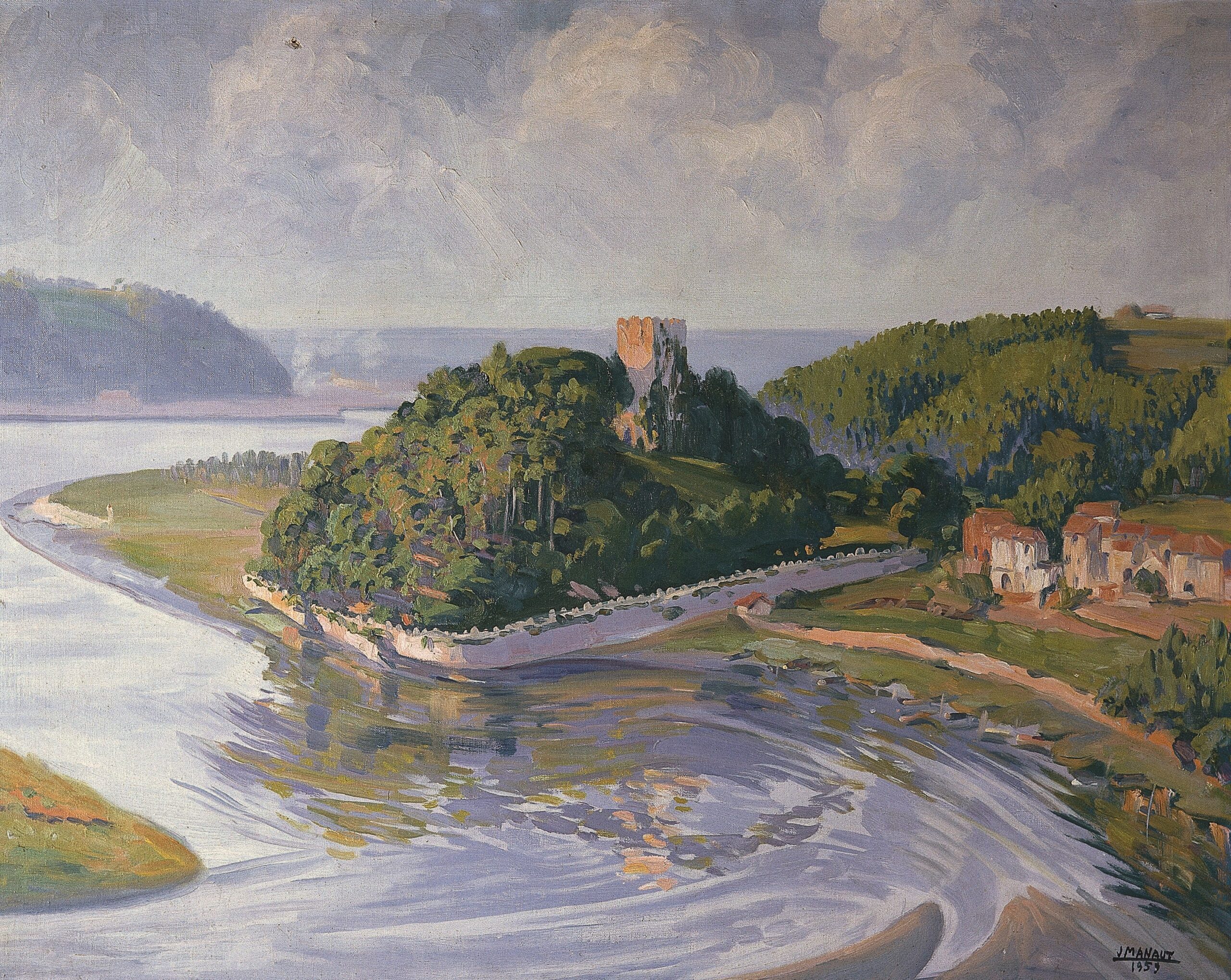 Pintura de José Manaut titulada San Esteban de Pravia; desembocadura del Nálon, Pravia (Asturias), 1959. Óleo sobre lienzo.