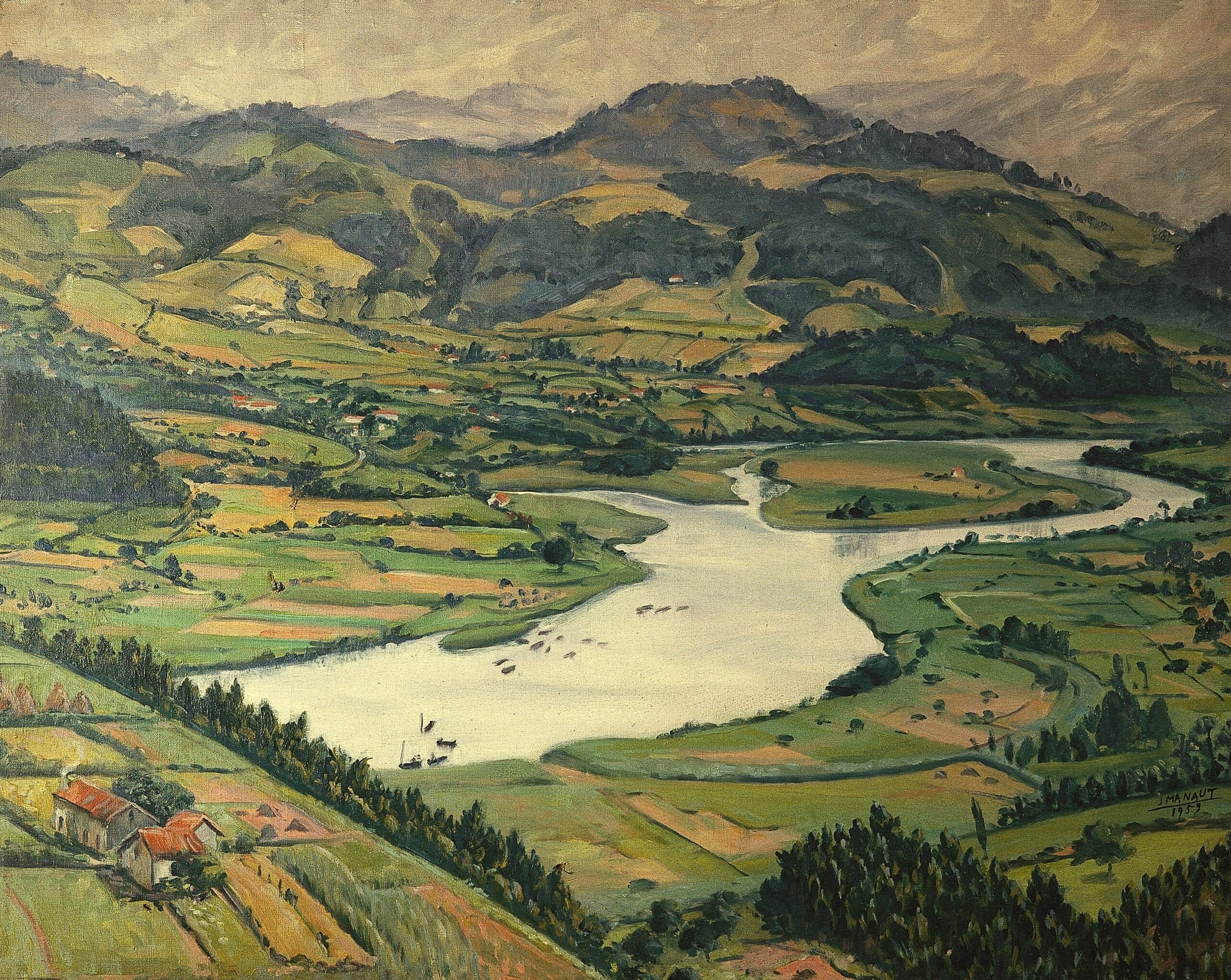 Pintura de José Manaut titulada Valle del Nalón; desembocadura del Nalón, San Esteban de Pravia (Asturias), 1959. Óleo sobre lienzo.