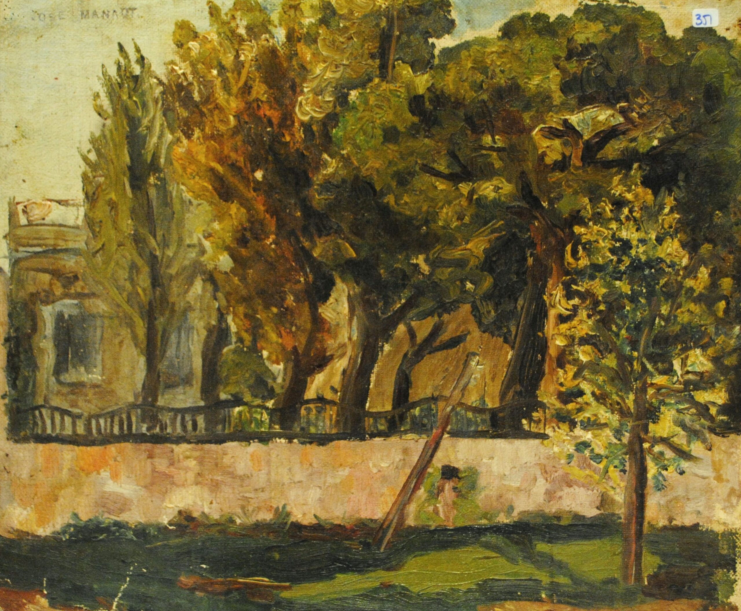 Pintura de José Manaut titulada Jardín con tapia, 1916. Óleo sobre lienzo.