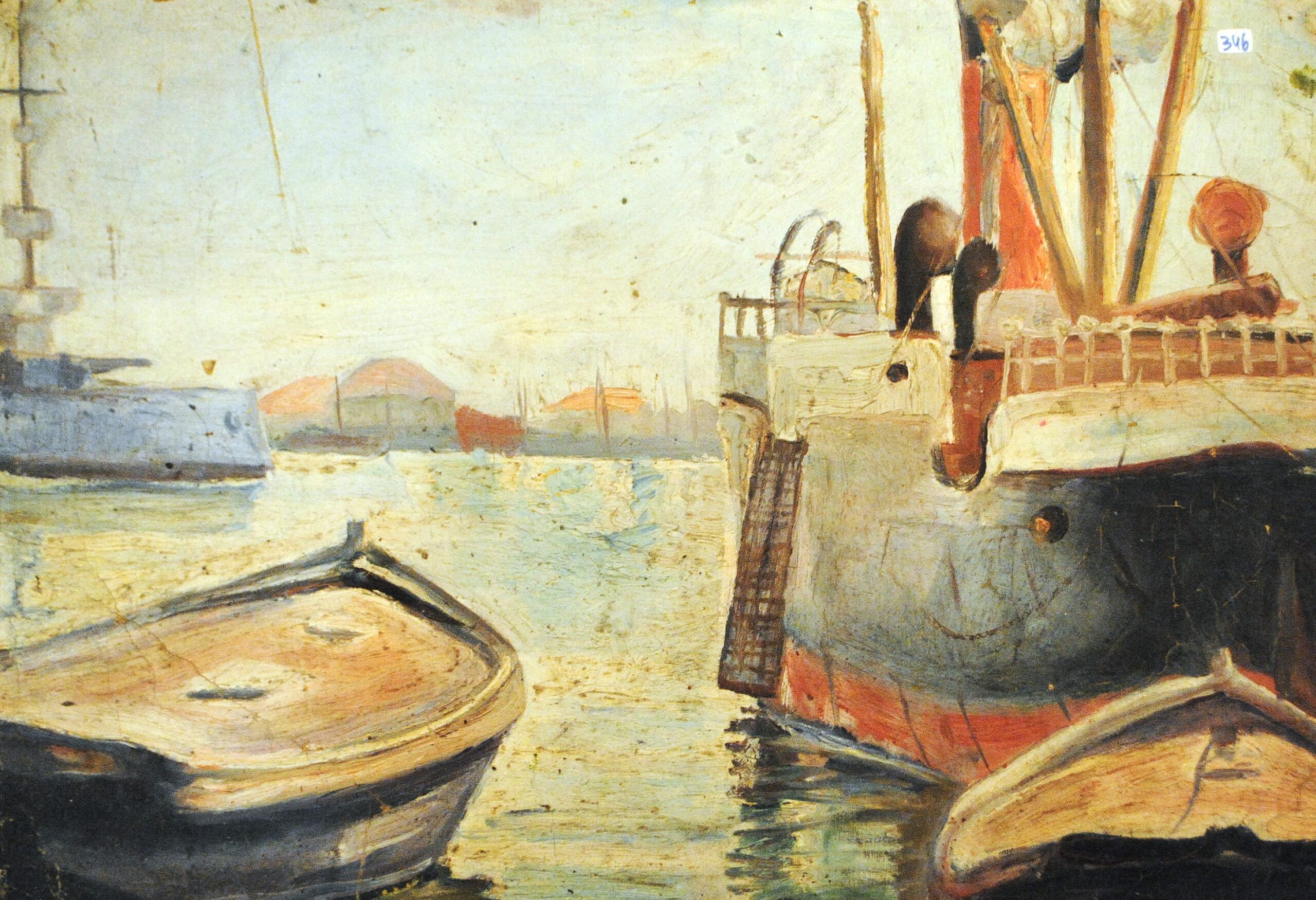 Pintura de José Manaut titulada Barcos en el puerto, Valencia (alrededores), 1916. Óleo sobre lienzo.