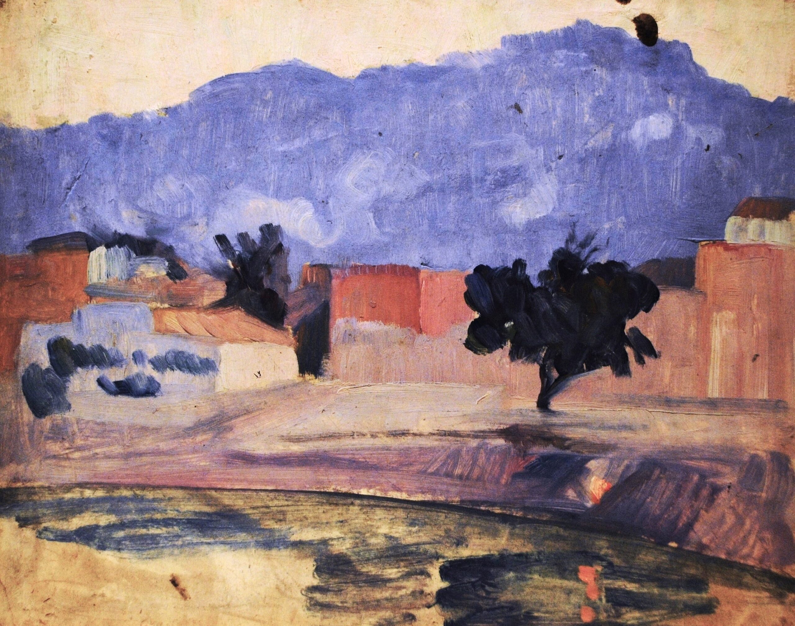 Pintura de José Manaut titulada Casas con montaña al fondo, Valencia (alrededores), 1917. Óleo sobre cartón.