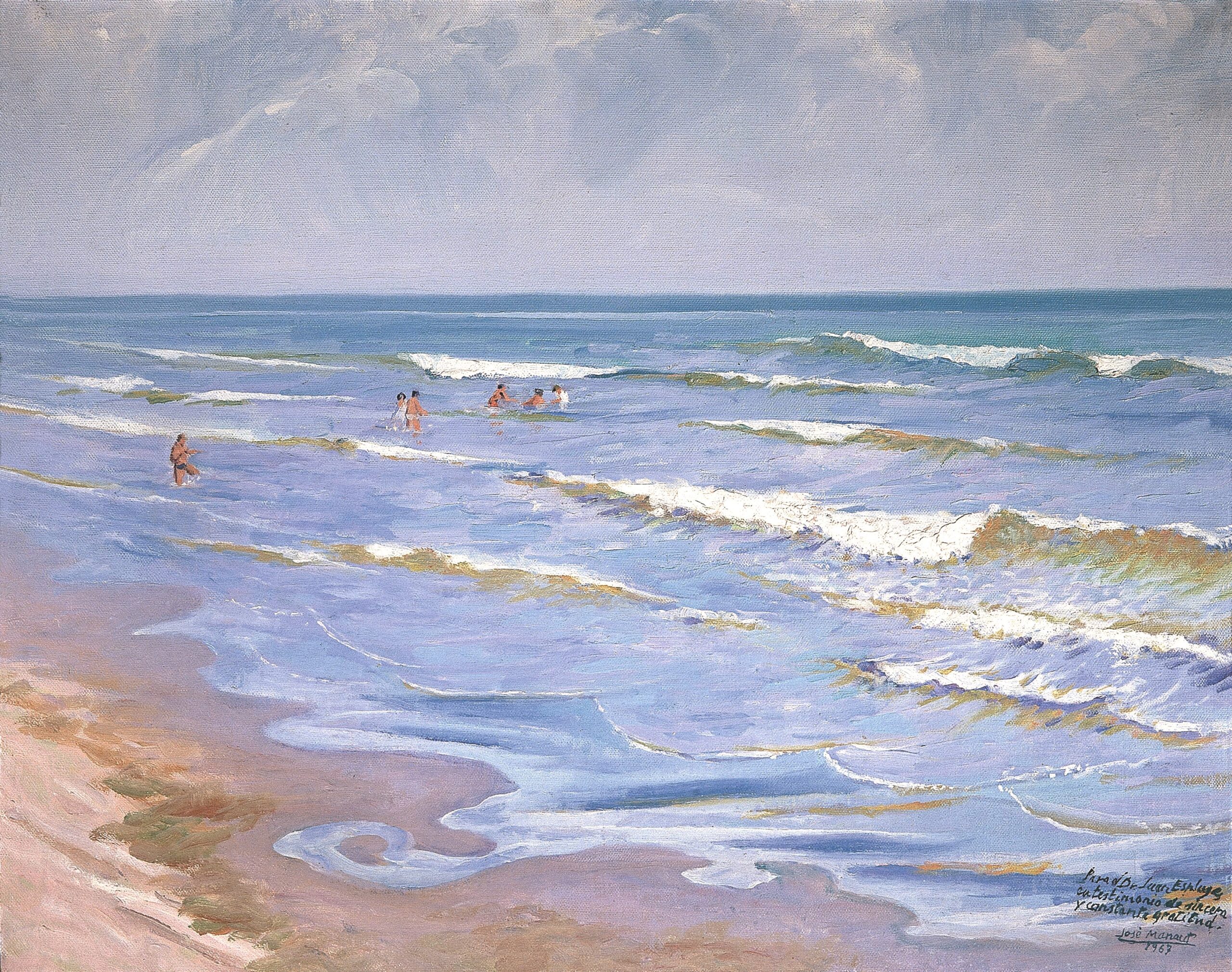Pintura de José Manaut titulada Playa de la Malvarrosa (Para el Dr. Juan Esplugues, con testimonio de sincera y constante gratitud), 1947. Óleo sobre lienzo.