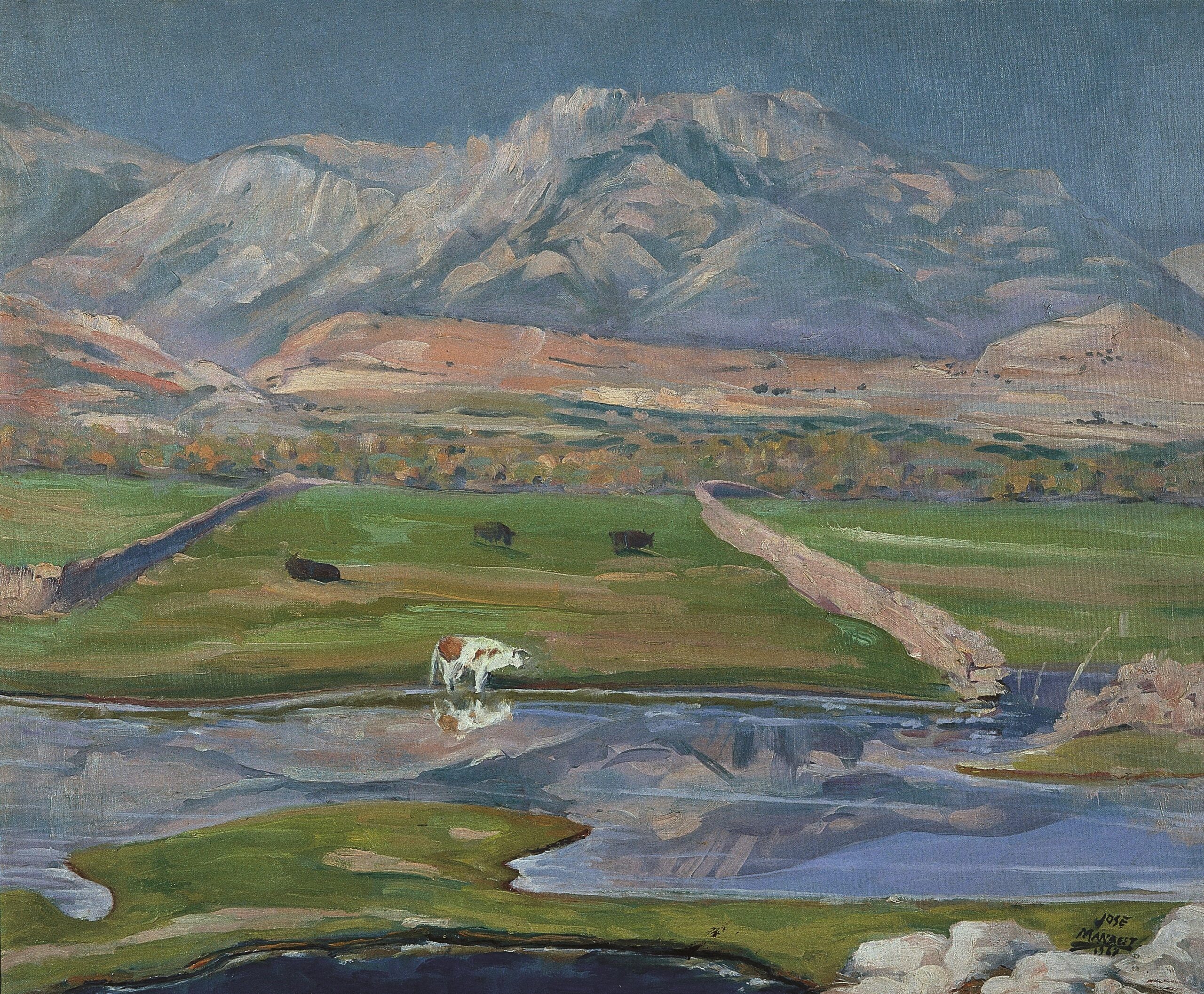 Pintura de José Manaut titulada Riachuelo con vacas y montañas al fondo, 1967. Óleo sobre lienzo.