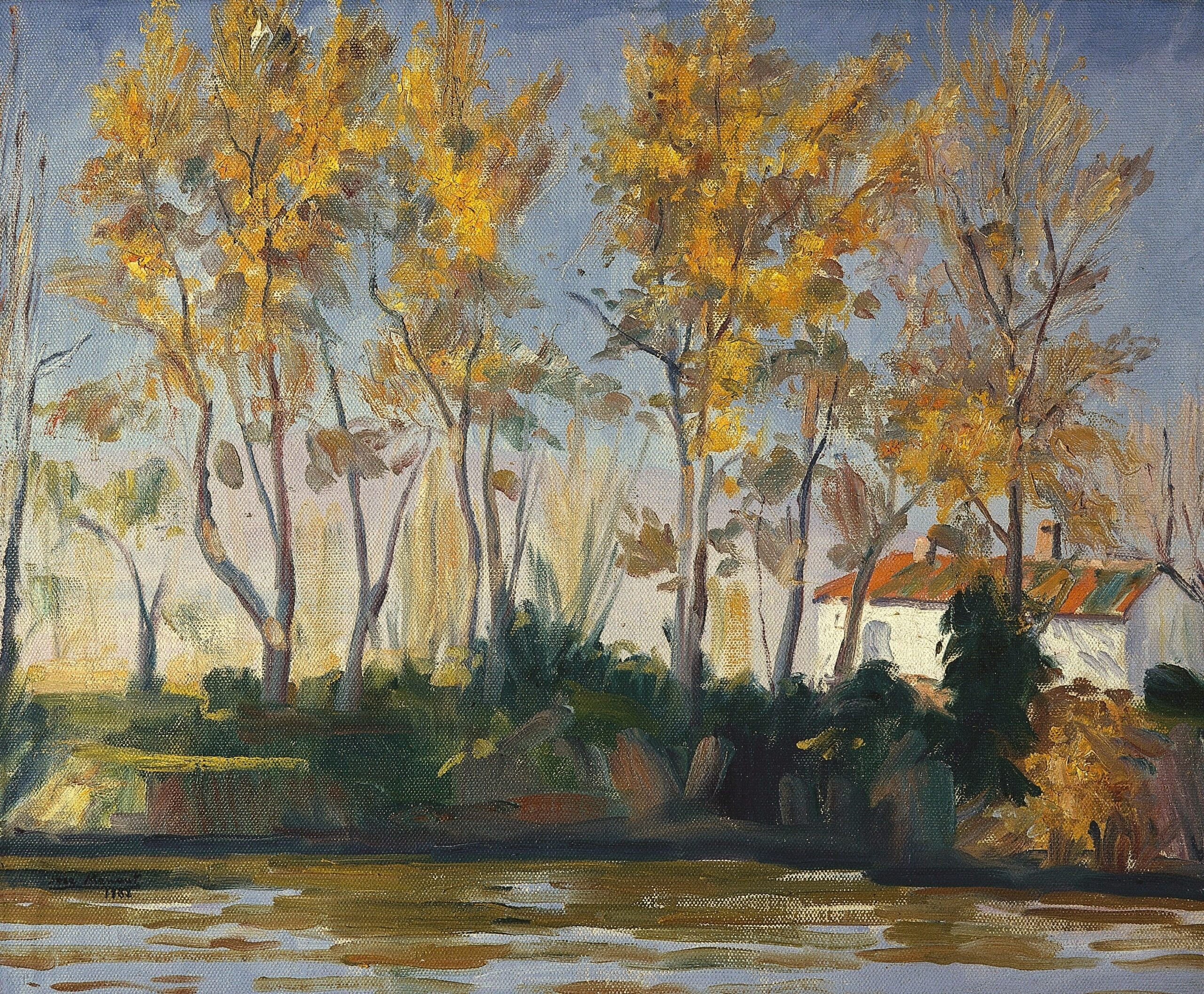 Pintura de José Manaut titulada Otoño junto al río, 1962. Óleo sobre lienzo.