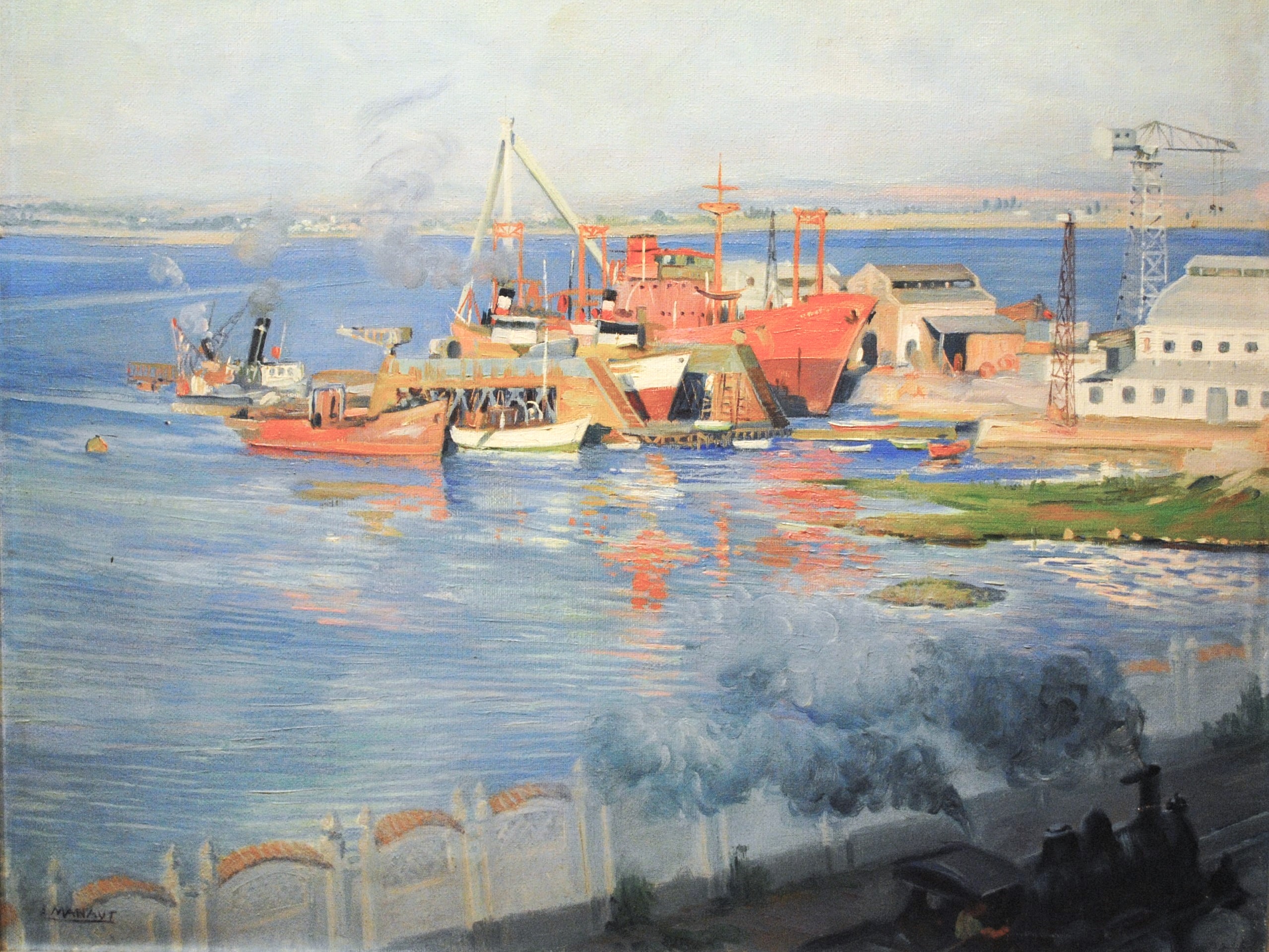 Pintura de José Manaut titulada Astilleros, Cádiz, 1952. Óleo sobre lienzo.