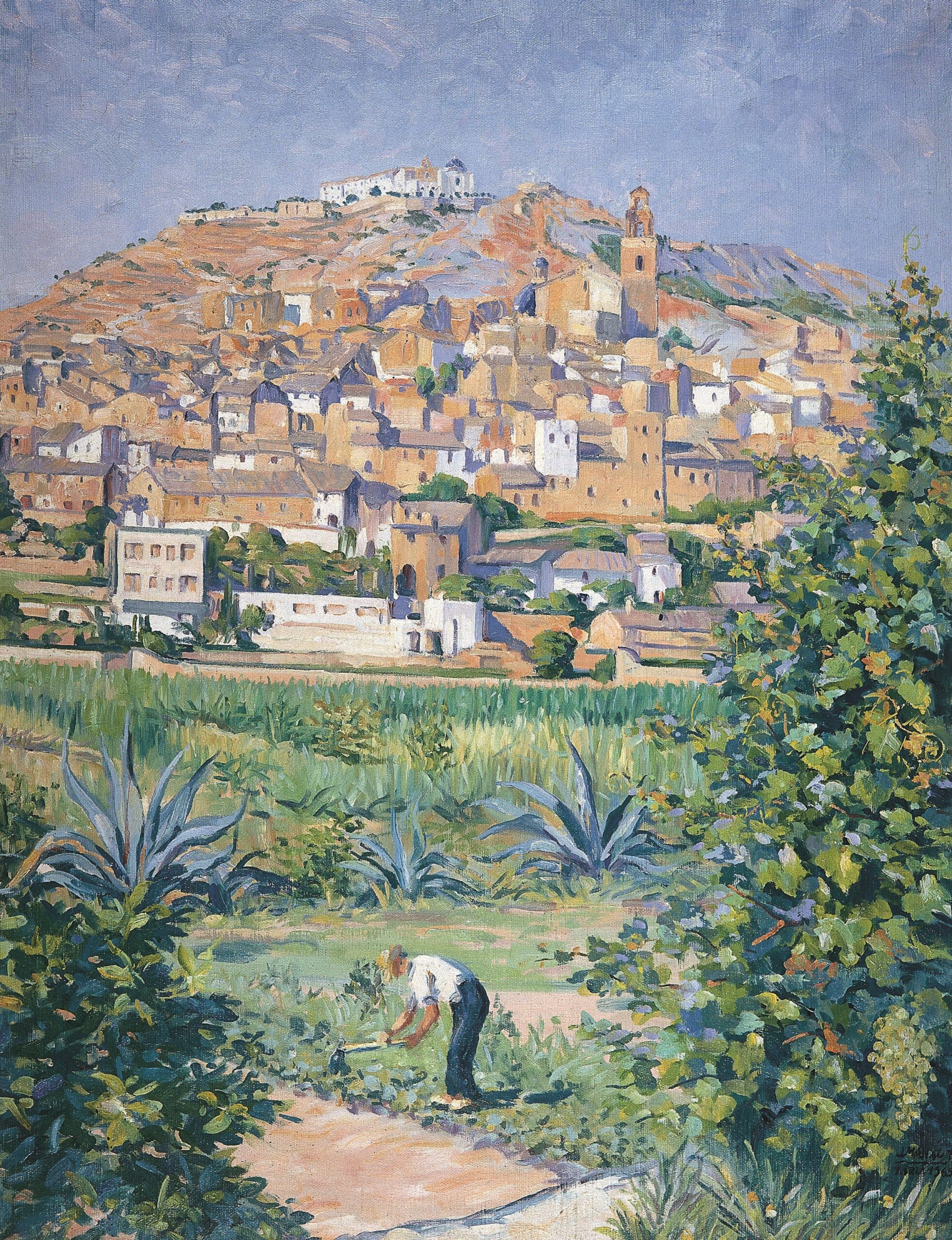 Pintura de José Manaut titulada Labrador y pueblo, Llíria (Valencia), 1963. Óleo sobre lienzo.