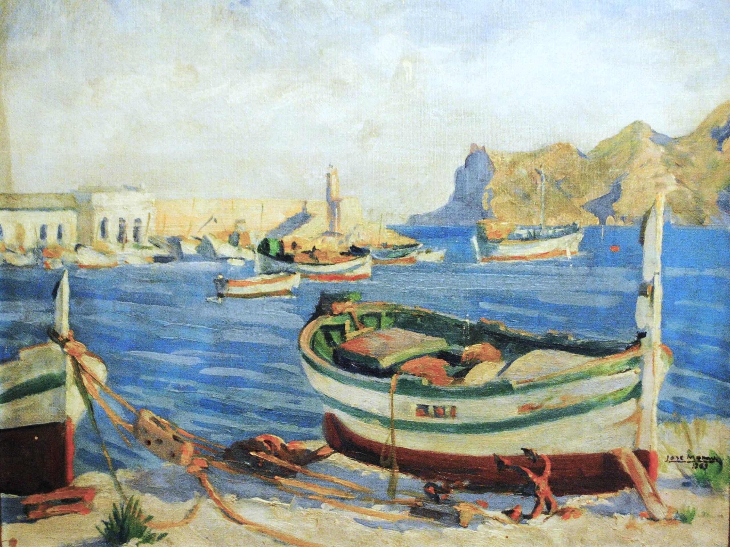 Pintura de José Manaut titulada Barcas en puerto, 1963. Óleo sobre lienzo.