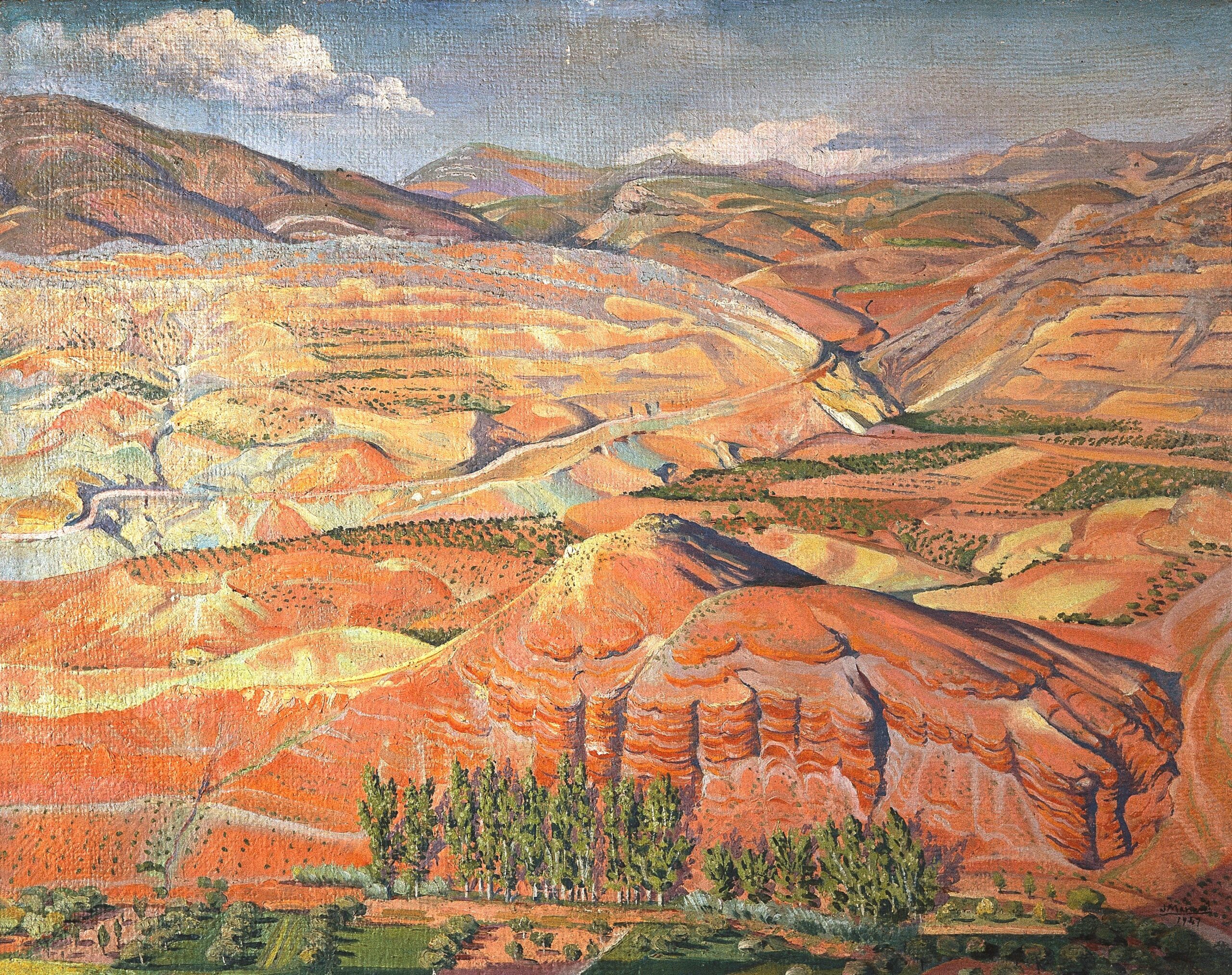Pintura de José Manaut titulada Tierras rojas, 1947. Óleo sobre lienzo.