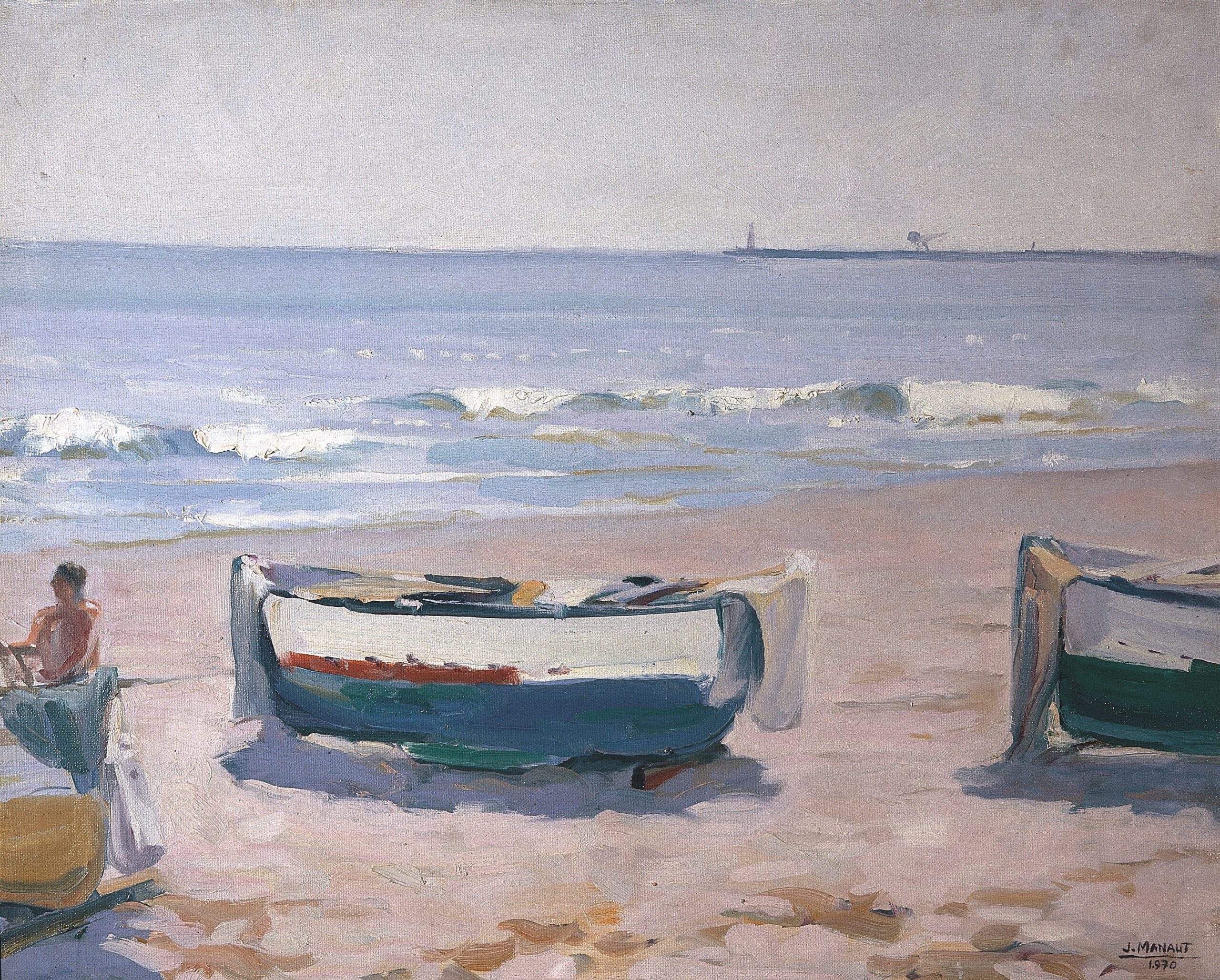 Pintura de José Manaut titulada Barcos en la playa, Valencia, 1970. Óleo sobre lienzo.