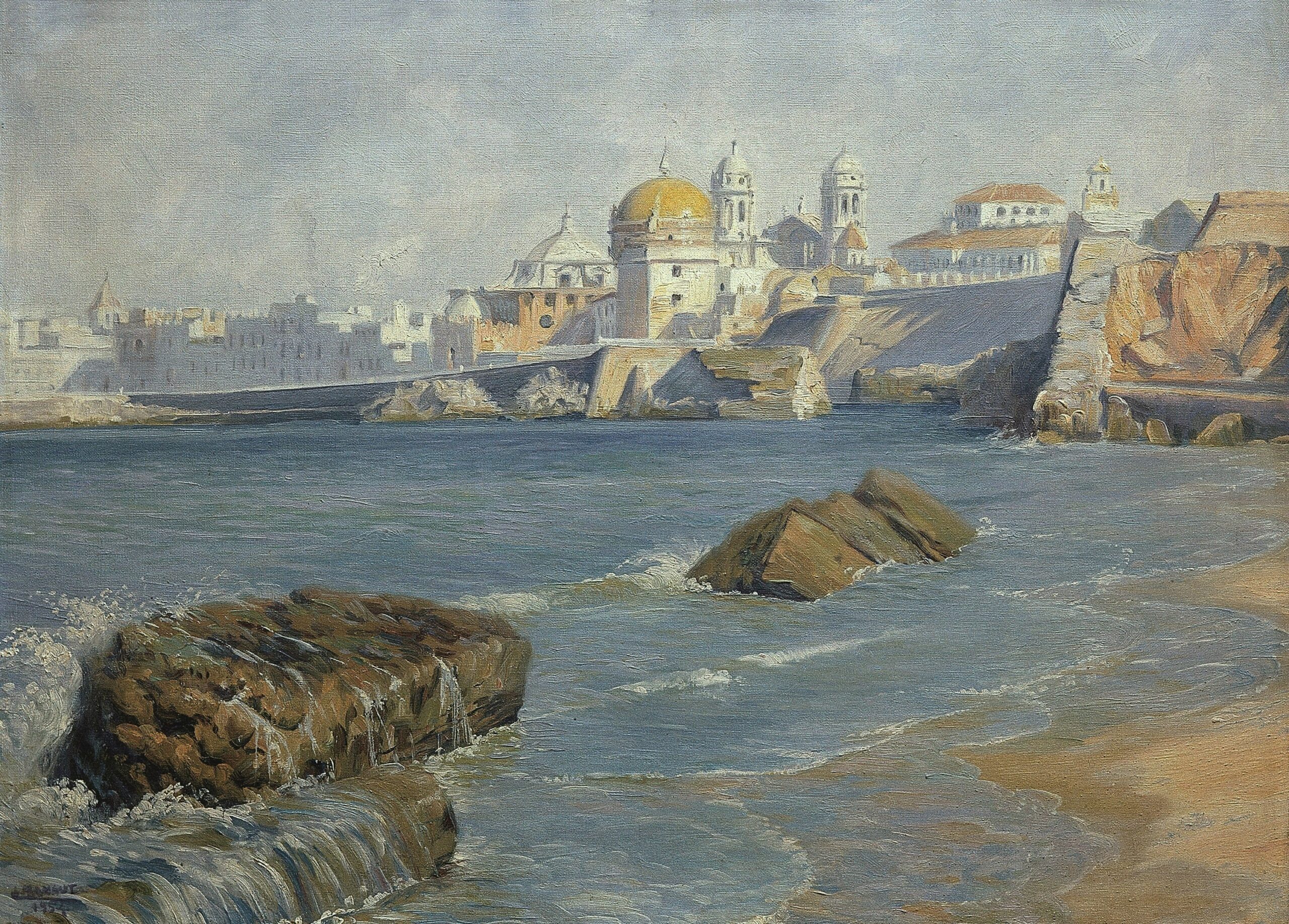 Pintura de José Manaut titulada Playa con ciudad al fondo, Cádiz, 1952. Óleo sobre lienzo.