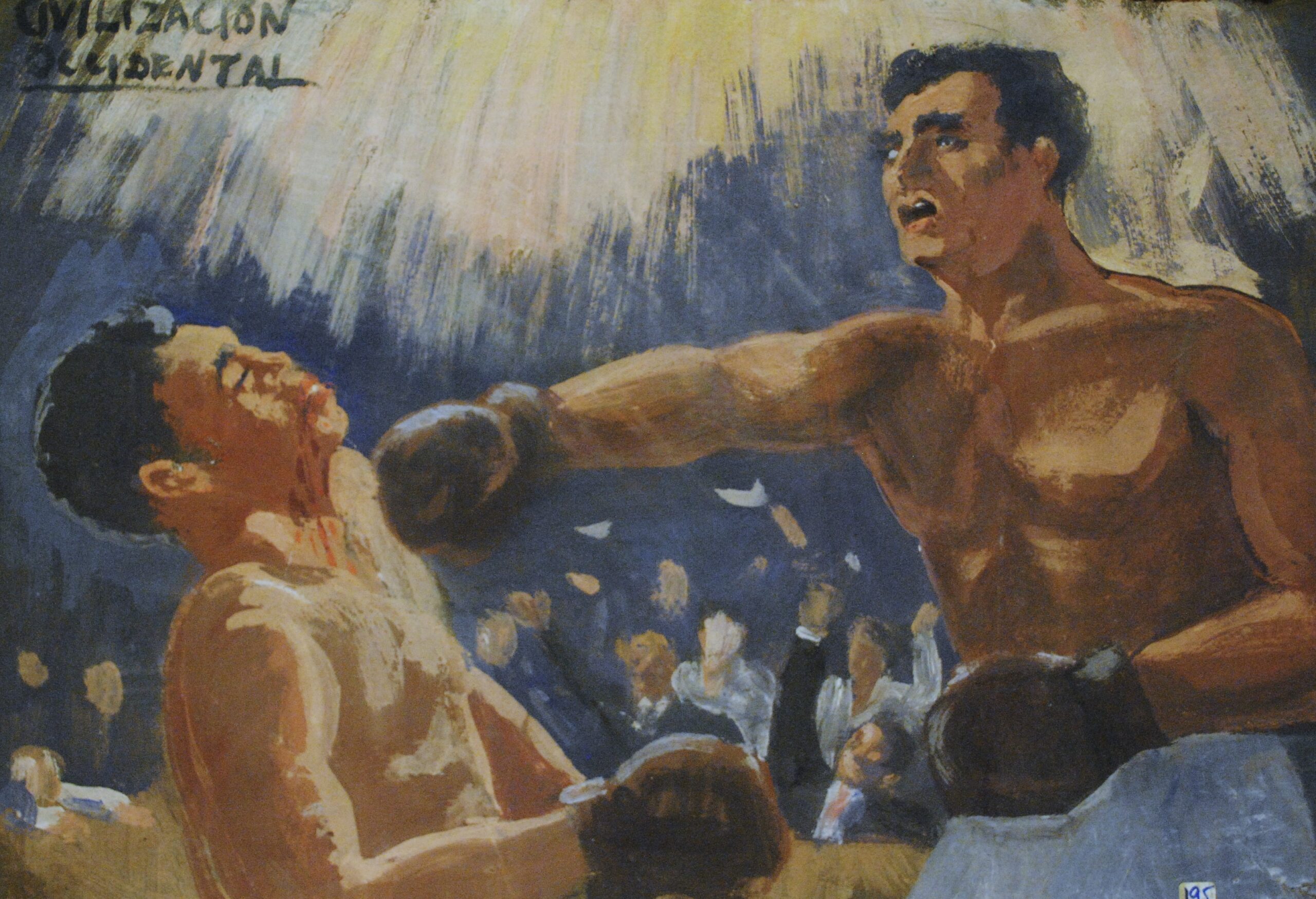 Pintura de José Manaut titulada Civilización occidental, boxeo. Óleo sobre cartón.