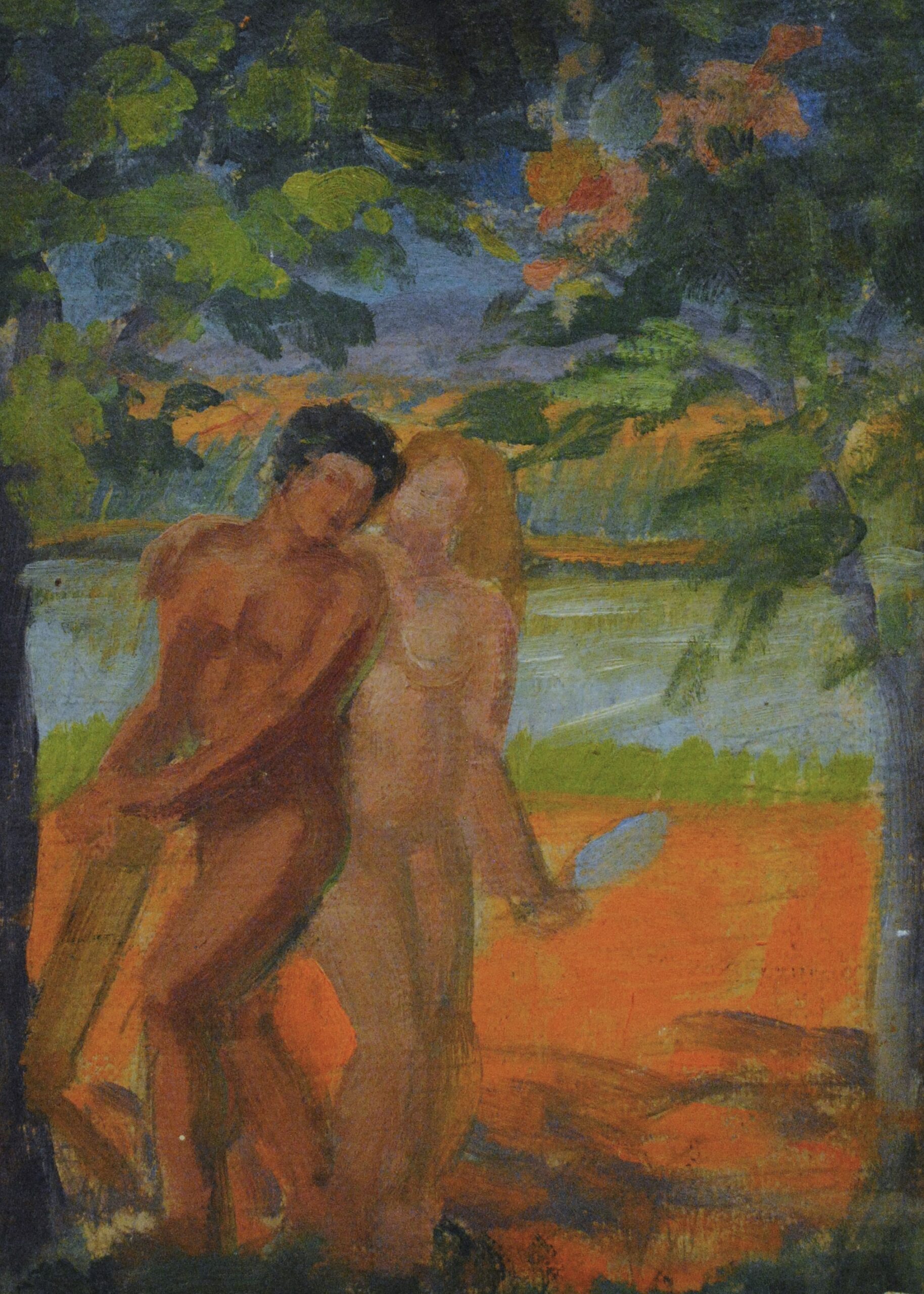 Pintura de José Manaut titulada En el paraíso. Óleo sobre cartón.