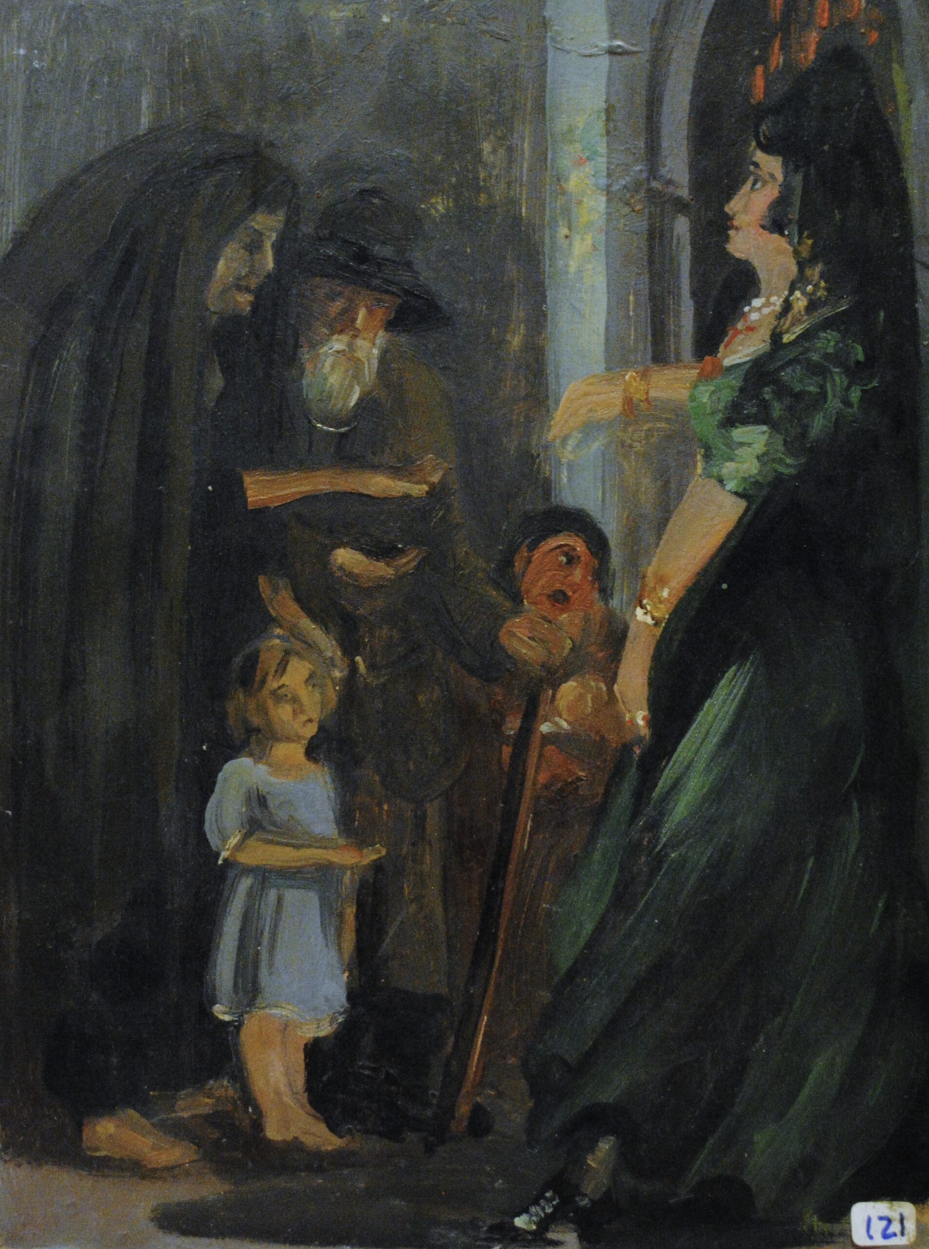 Pintura de José Manaut titulada Maja dando limosna. Óleo sobre cartón.